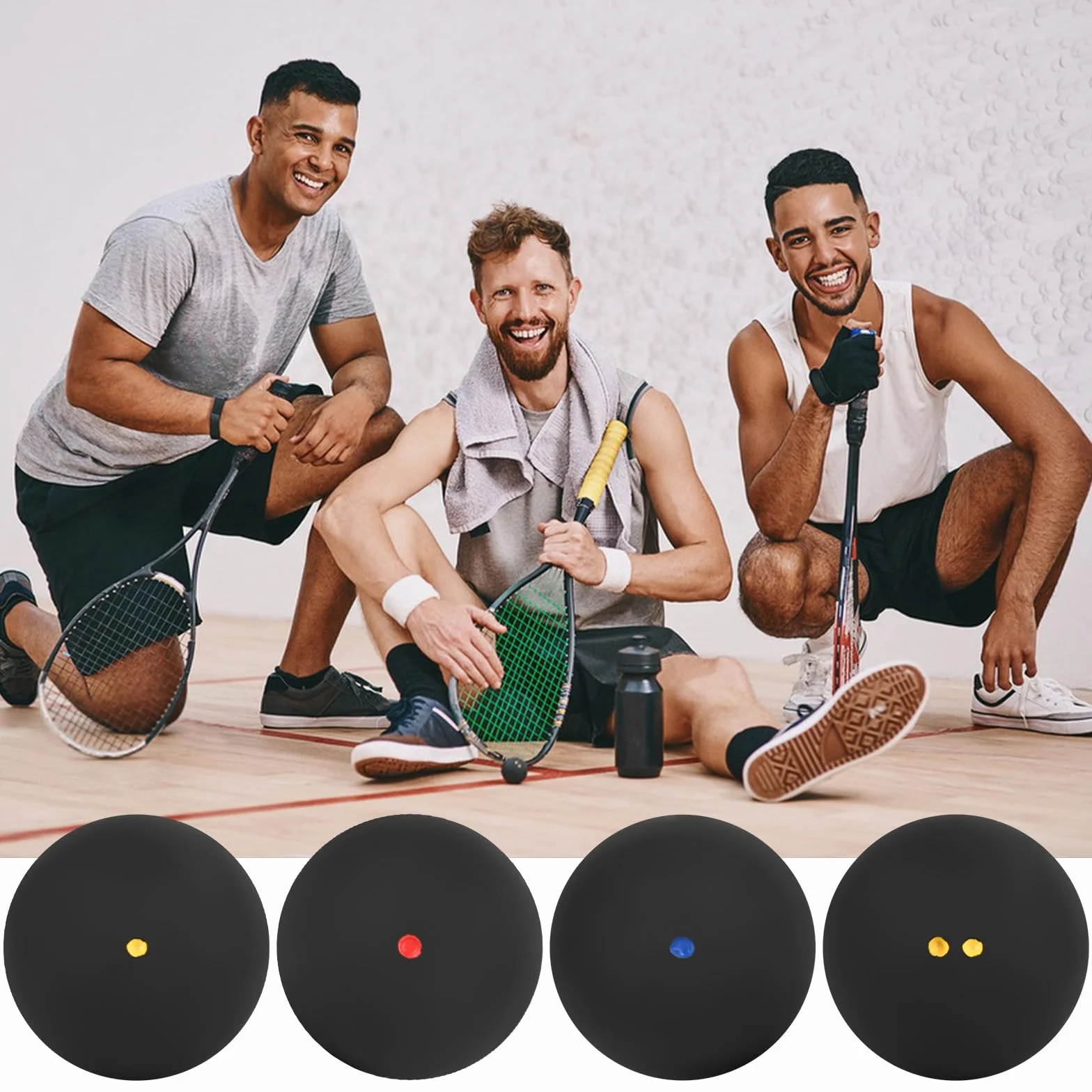 Pelotas de Squash Deportivas Juego de 4 - Doble Punto Amarillo, Simple Amarillo, Rojo, Azul