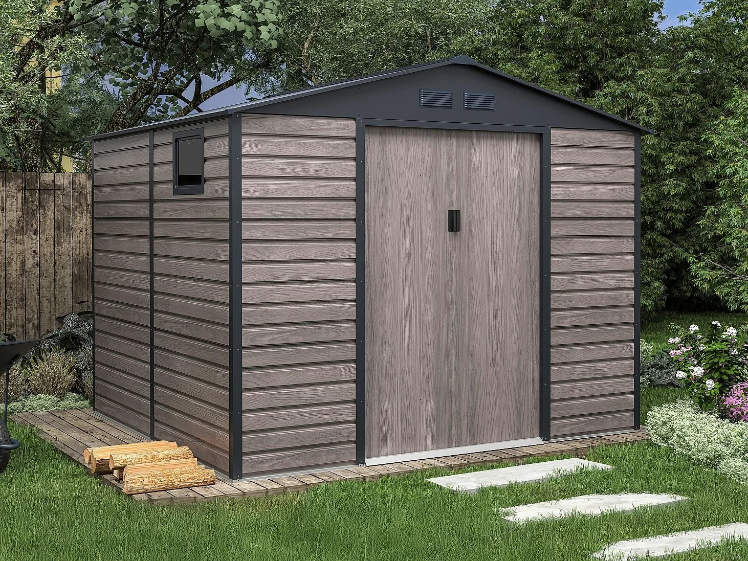 Venta-Unica - Caseta de jardÌn Metal de Acero galvanizado Efecto Madera Gris 7,17 m≤ - ADELMO