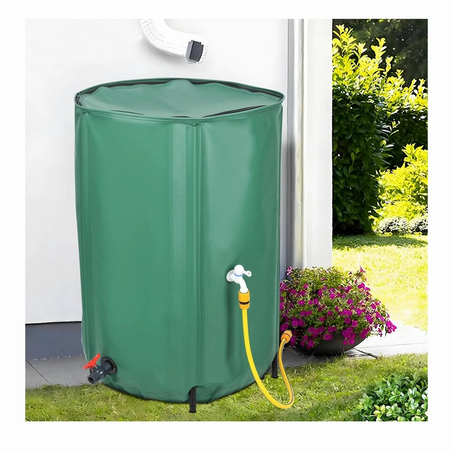 Sistema portátil de recolección de agua de lluvia de 50 litros, tanque de almacenamiento de agua con filtro, colector de bajante plegable para jardín, exterior, césped (verde)