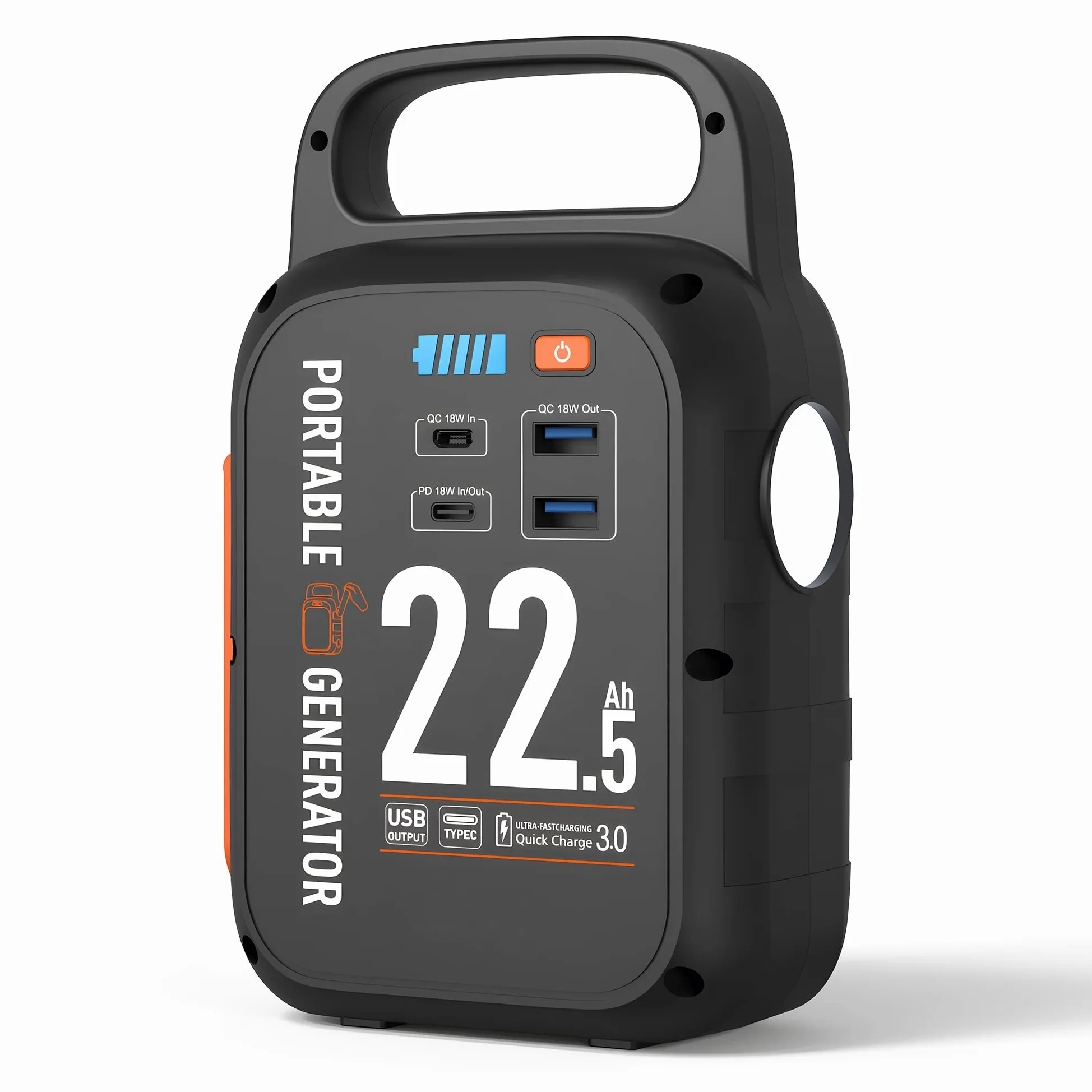 Crank Power Bank 22500mAh, 18W carga rápida USB tipo-C, 83.25Wh generador de energía con luz LED para emergencia camping al aire libre.