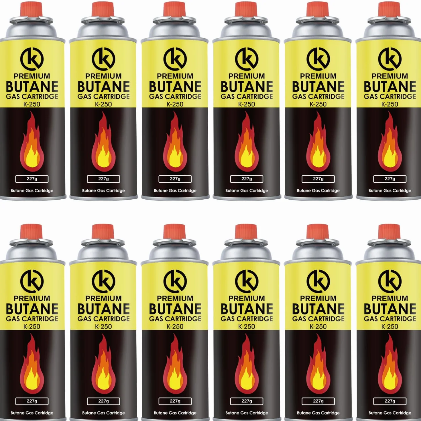 KROWN - Pack de Cartuchos K-250 de Gas Butano 227g para Hornillos Quemadores, Cartucho de Gas para Camping K-250, Bombonas para Sopletes (12 Unidades)