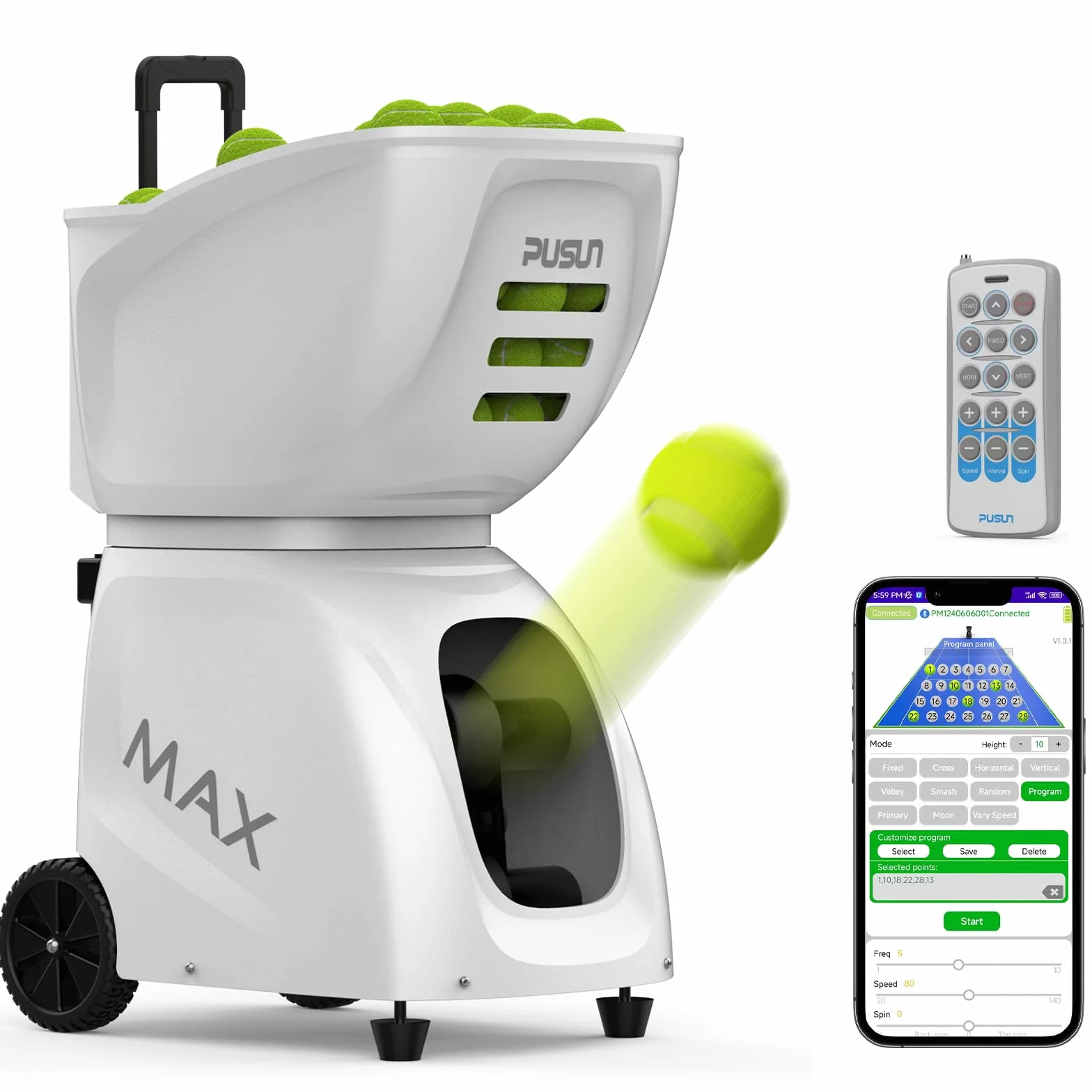 PUSUN PT-MAX Máquina Lanzapelotas de Tenis Avanzada 28 Puntos 26 Modos 140km/h 5-7 Horas Batería