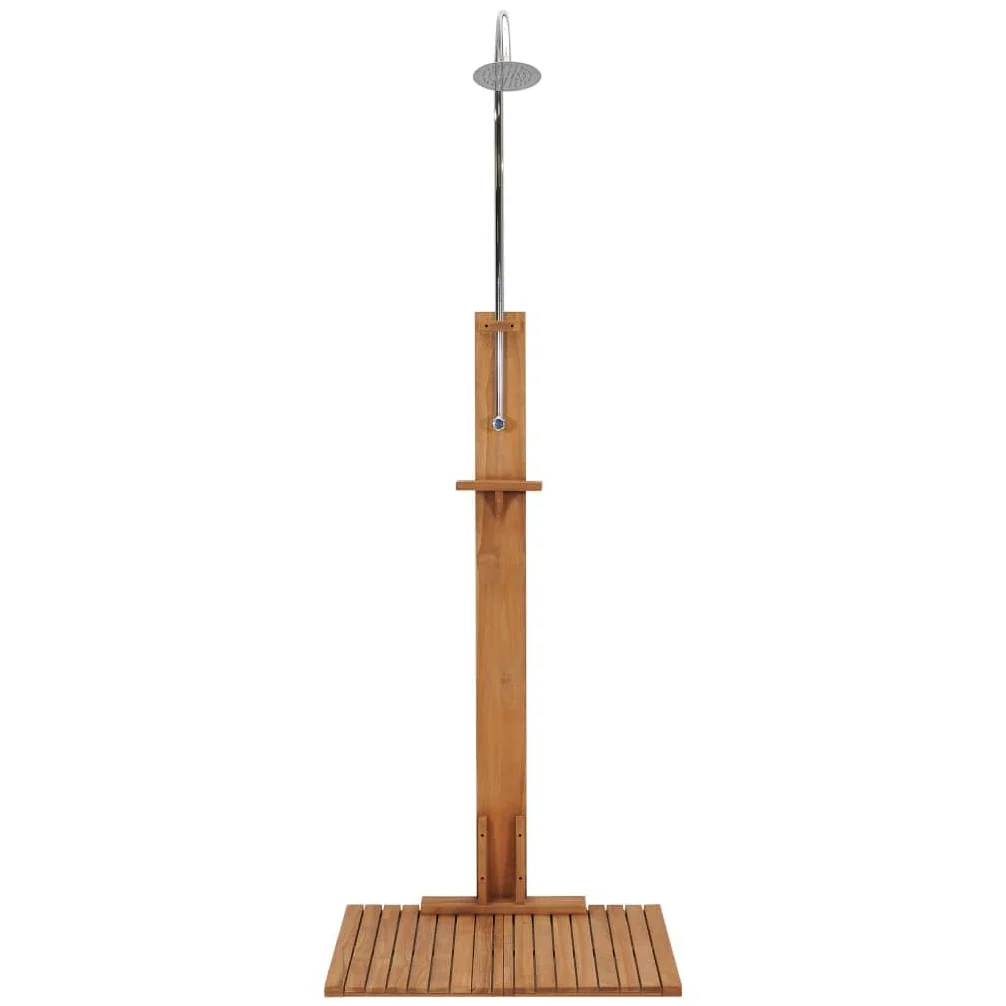 Ducha de jardín de madera maciza de teca, 75 x 75 x 210 cm, cabezal de ducha de acero inoxidable, base antideslizante para ducha al aire libre, cuidado del jardín y limpieza