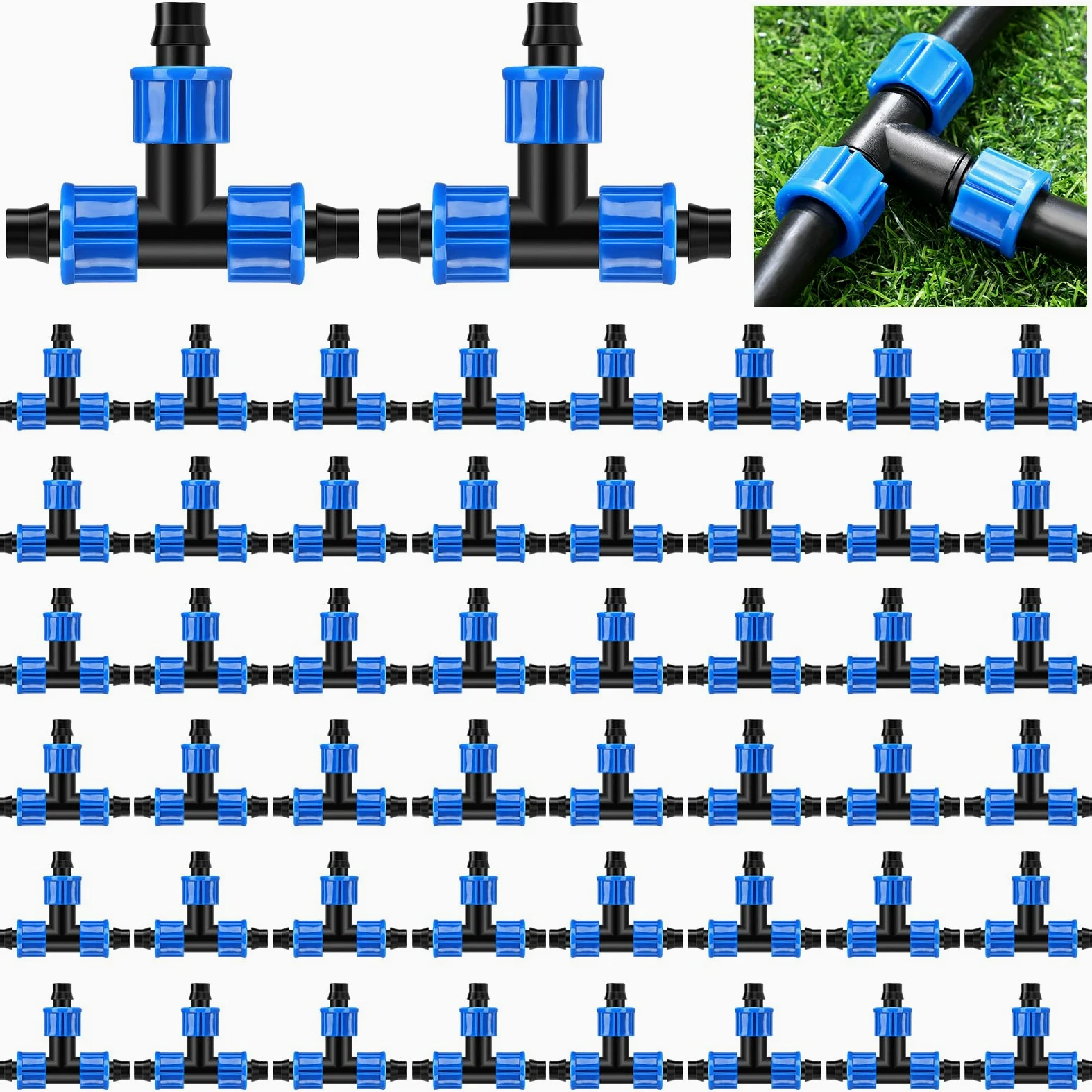 Tujoe 50 piezas de accesorios en T de riego por goteo de 5/8 pulgadas, conector universal en T, accesorios de tubería de línea de goteo, accesorios de púas compatibles con la mayoría de sistemas de