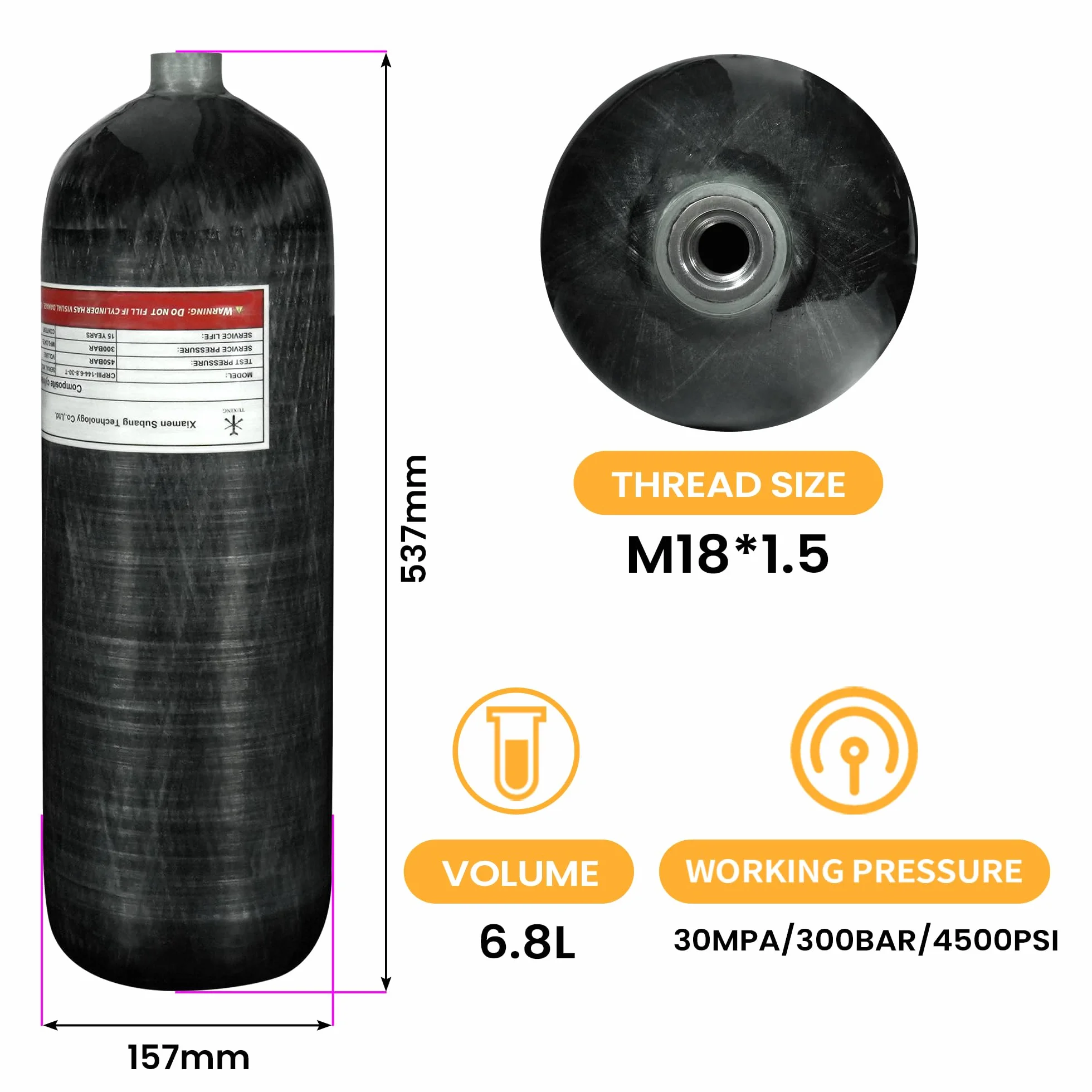 TUXING Tanque de Aire de Fibra de Carbono 4500psi 6.8L para PCP Paintball Buceo Scuba