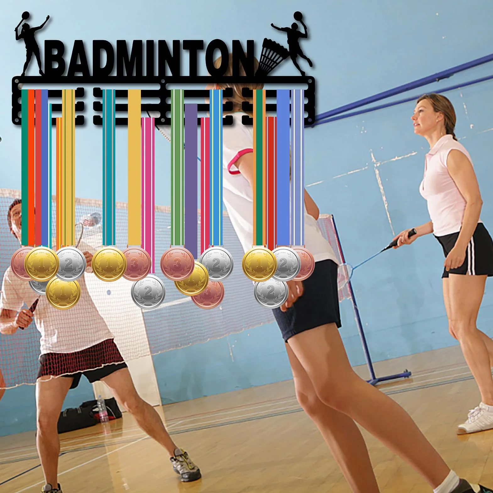CREATCABIN Soporte para Medallas de Bádminton, Colgador Deportivo, Estante de Hierro Negro 40x15 cm