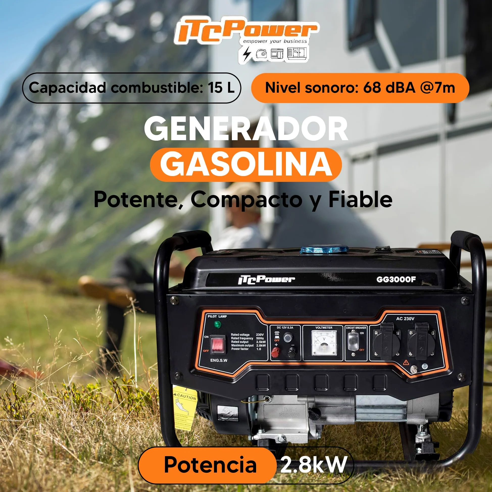 ITCPower Generador Gasolina Silencioso 2,8KW para Emergencias Domésticas - Generador Eléctrico Portátil 230V para Herramientas y Camping - Generador 4 Tiempos con Gran Autonomía y Bajo Ruido