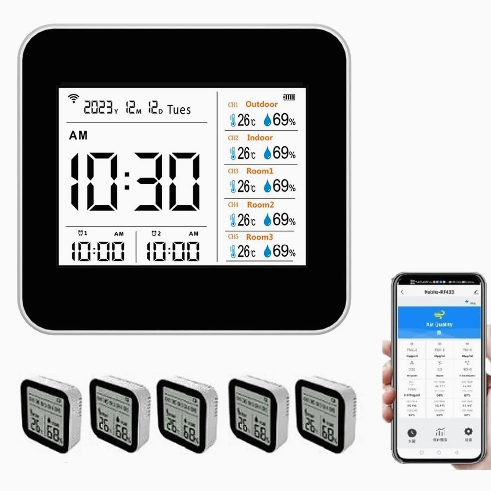Termómetro Higrómetro Inteligente WIFI para Oficina en Casa, Monitoreo en Tiempo Real Medidor de Humedad de Temperatura 13 1 con Pantalla Hora/alarma, Material ABS Blanco (con 5 subunidades)