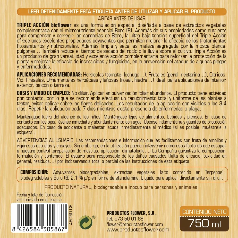 BioFlower - Triple Acción Ecológico 750 ml | Insecticida, Fungicida y Secante | Boro y Extractos Vegetales Biodegradables | Apto Agricultura Ecológica | Listo Para Usar