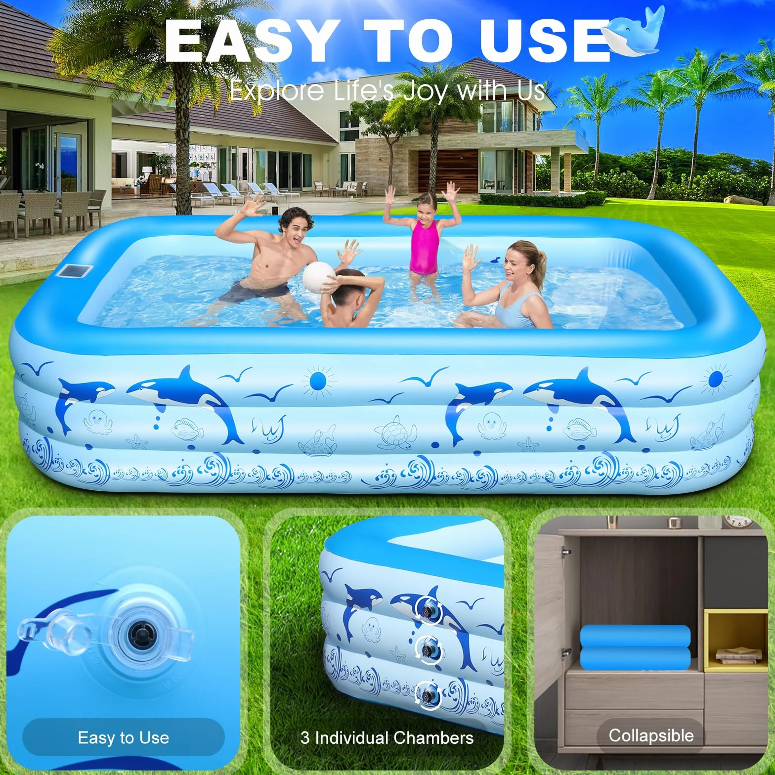 LanOcean Piscina Hinchable Adultos con Luces, Solar Grandes Piscinas Hinchables Rectangular con 12 Modo de Iluminación, 240x150x55CM Piscina Hinchable Infantil, Piscinas Hinchables para Jardin Terraza