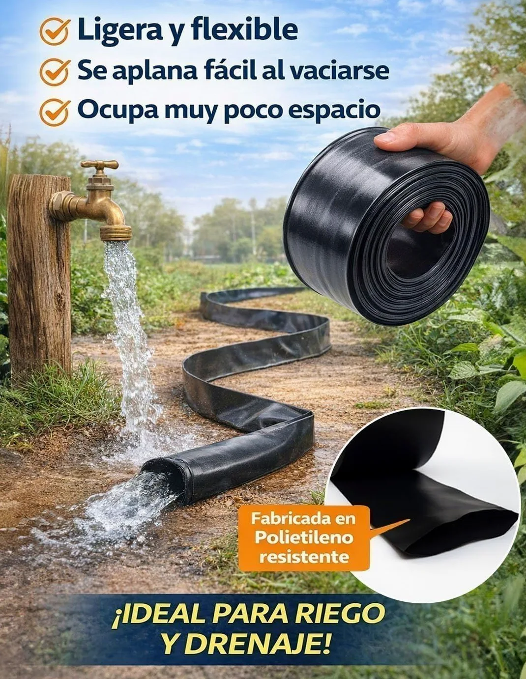 JARDIN202 - Manguera Plana Plastocanal Negra 1500 Galgas | Riego por Gravedad y Trasvase | Resistente | Agricultura | Rollos 50m | 250mm
