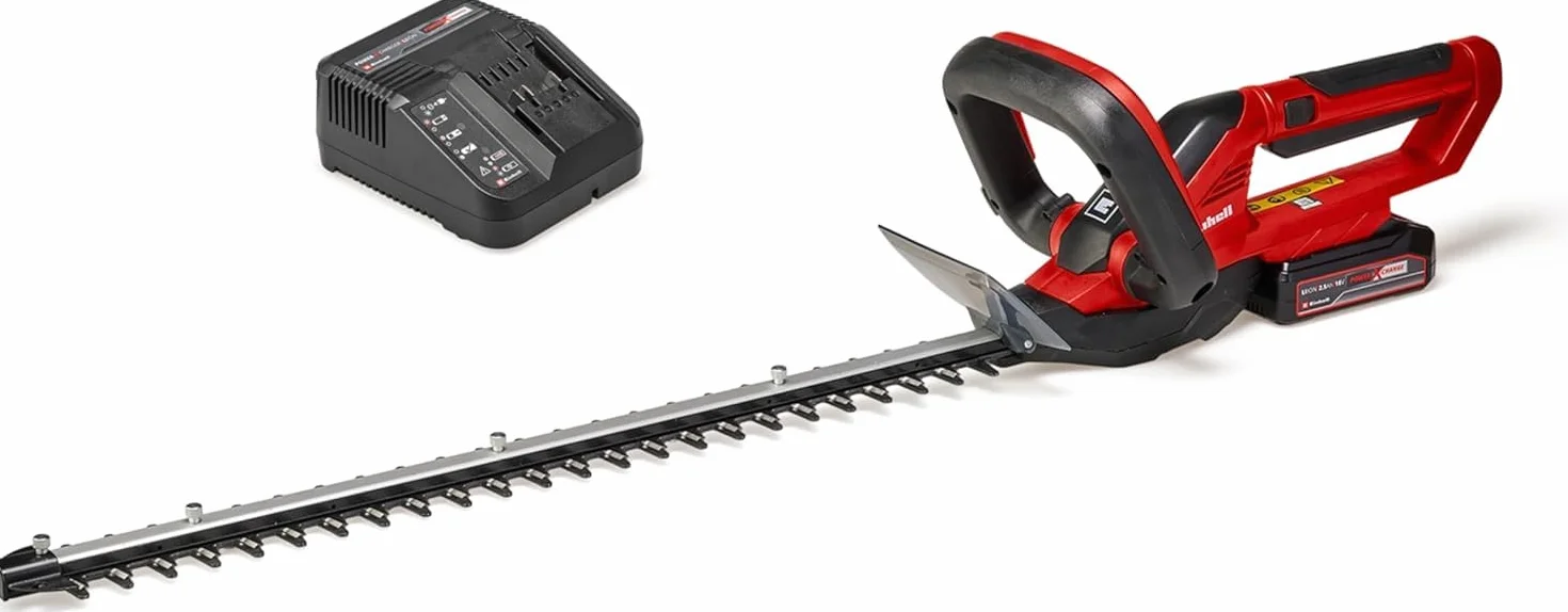 Einhell Cortasetos con batería GC-CH 1855/1 Li Kit Power X-Change (18V, 55cm de Longitud de Corte, 18mm Distancia Entre Dientes, Mango Giratorio, colector de Recortes, Incl. 2,5Ah batería y Cargador)