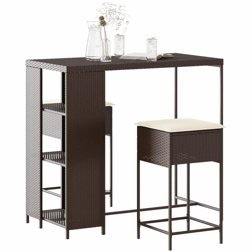 vidaXL Juego de Bar de jardín de 3 Piezas con Cojines ratán PE marrón, Mesa Alta y taburetes de Exterior, Juego de Bar, Juego de Muebles