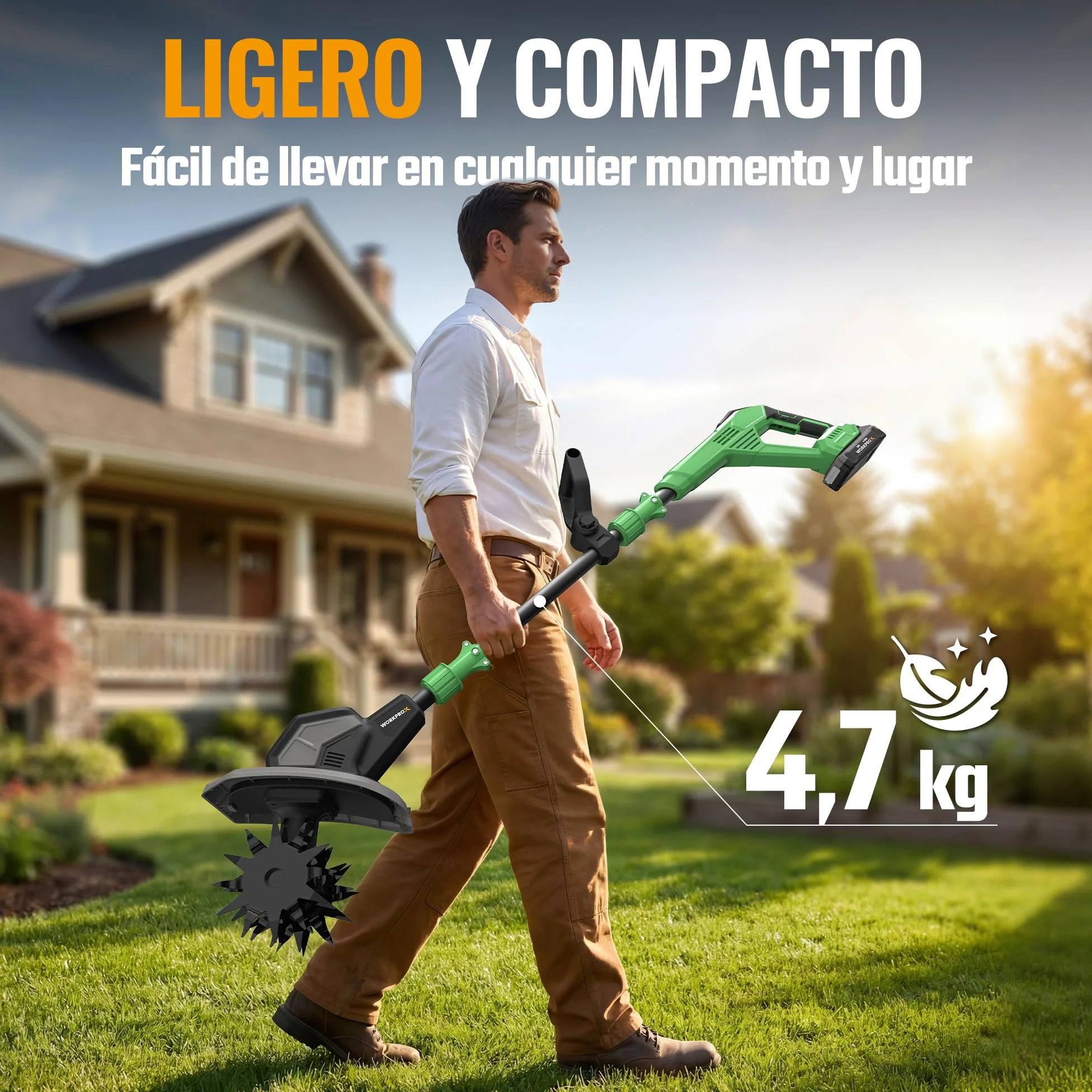 WORKPROX Motoazada Eléctrica a Batería 20V con 4,0Ah, Cultivador de Jardín Inalámbrico, Ancho de Trabajo 20 cm, Profundidad 20 cm, Ruedas Ajustables, Mango Plegable