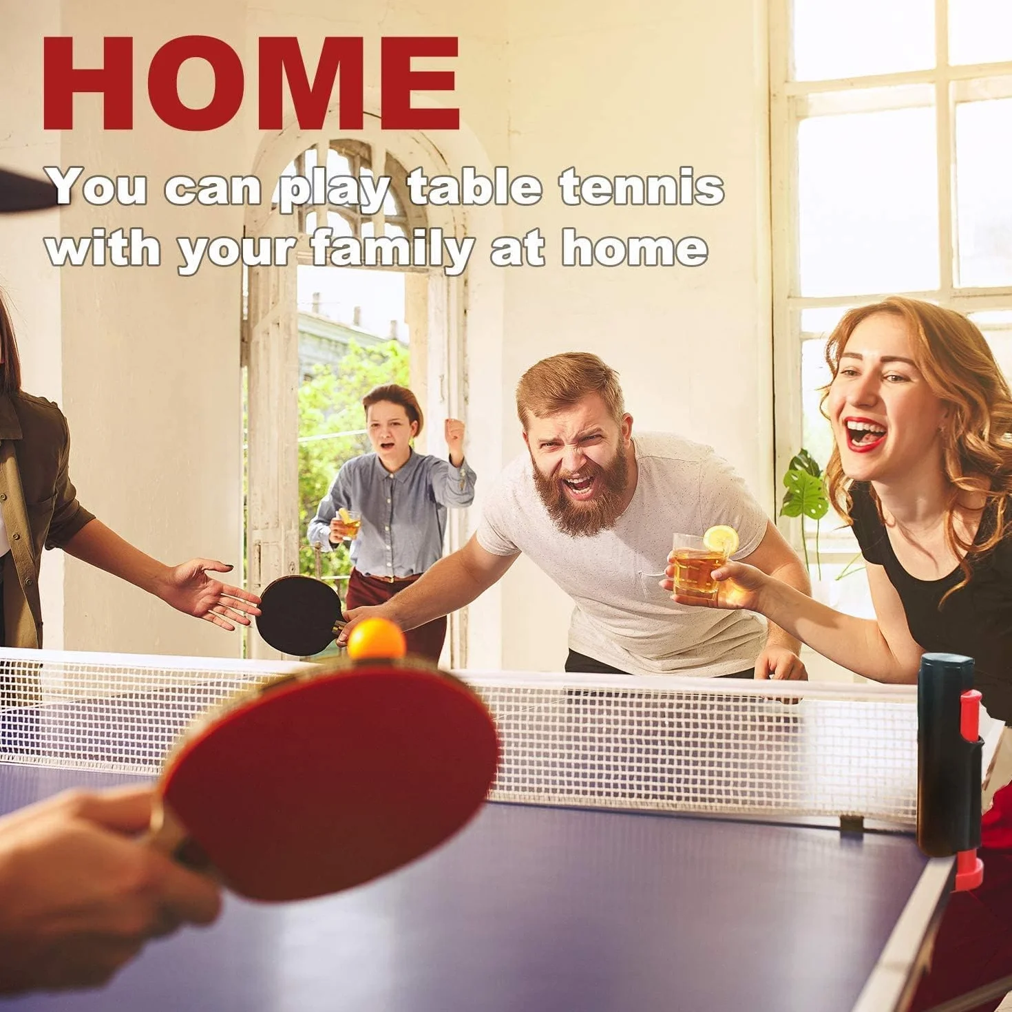 Red de ping pong retráctil portátil Sportout para mesa de ping pong, escritorio, cocina o comedor, negro/rojo
