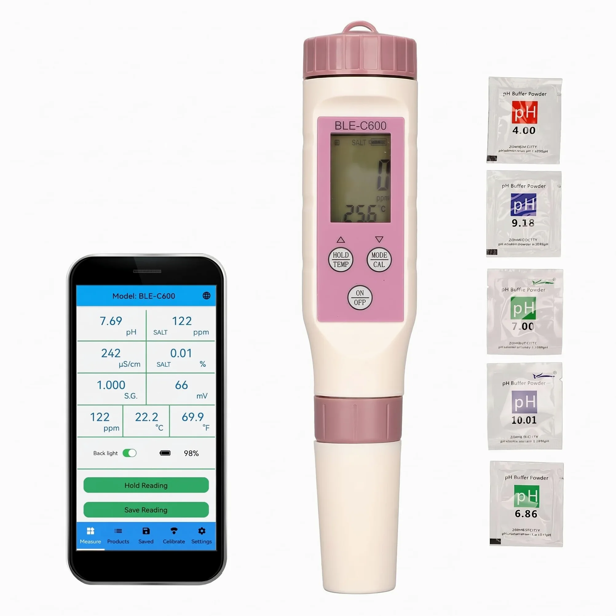 Zunate Medidor de PH Digital, 7 en 1 Bluetooth PH, TDS, EC, ORP, SG, Bolígrafo Probador de Salinidad Y Temperatura 0.01 Alta Precisión para Bebidas Domésticas, Hidroponía, Piscinas Y Acuarios