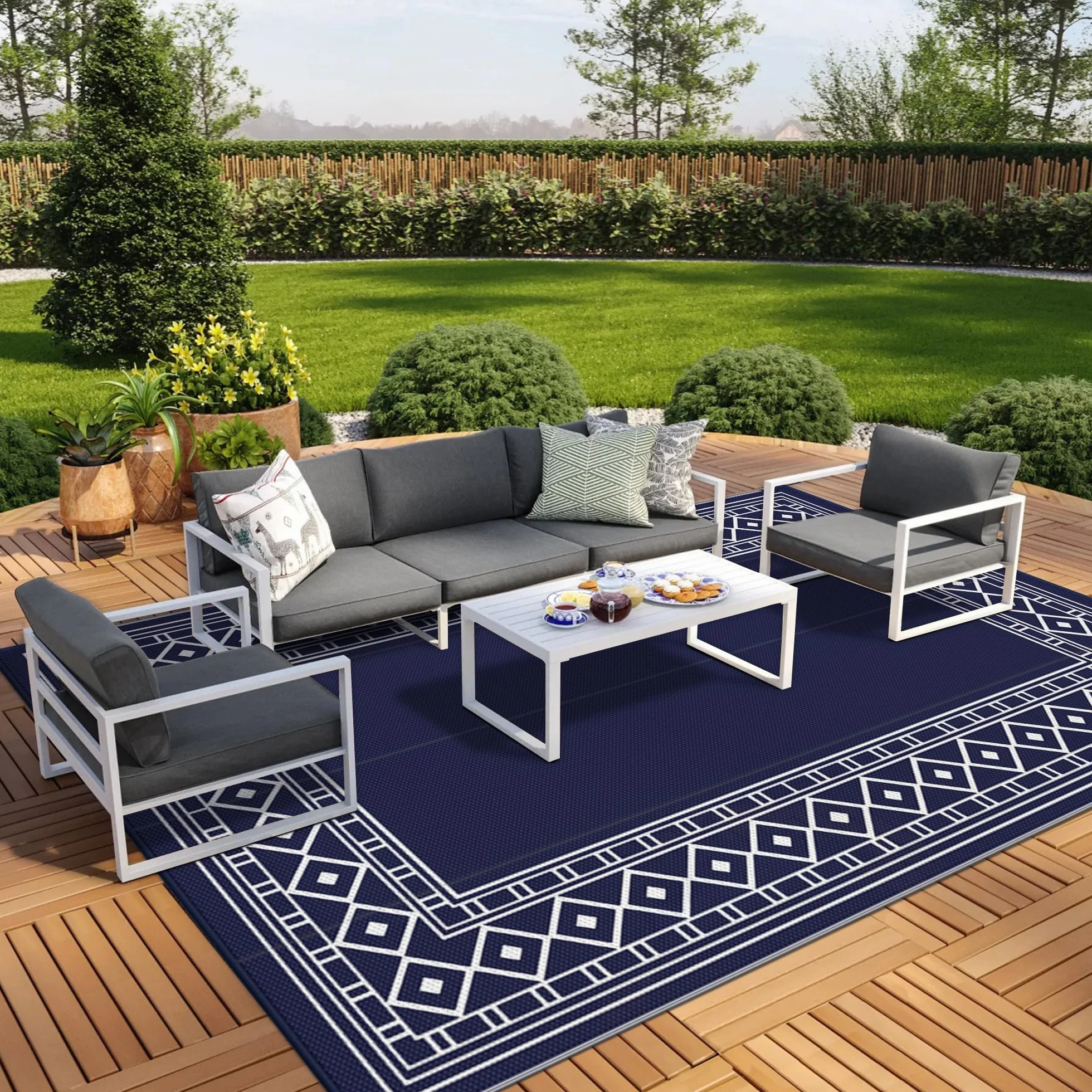 GENIMO Alfombra de exterior impermeable de 9 x 12 pies para patio, plegable, reversible, de pajillas de plástico para remolques de viaje, tapete de exterior para caravana, cubierta, picnic, porche,