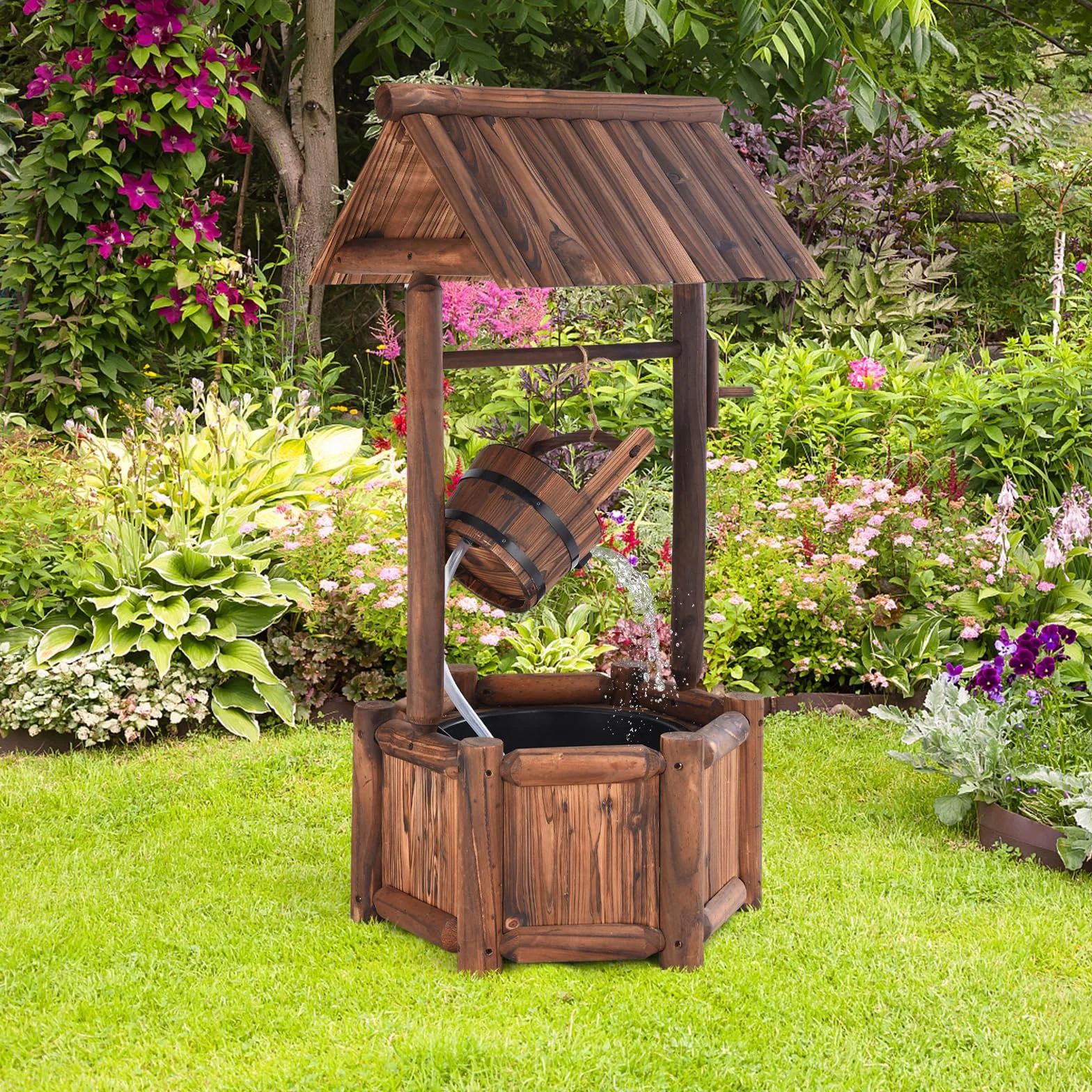 RELAX4LIFE Fuente de Jardín de Madera con Bomba Eléctrica 300L/H, Pozo Decorativa con Control del Caudal de Agua para Jardín, Balcón, Patio, 58,5×56×117cm, Marrón