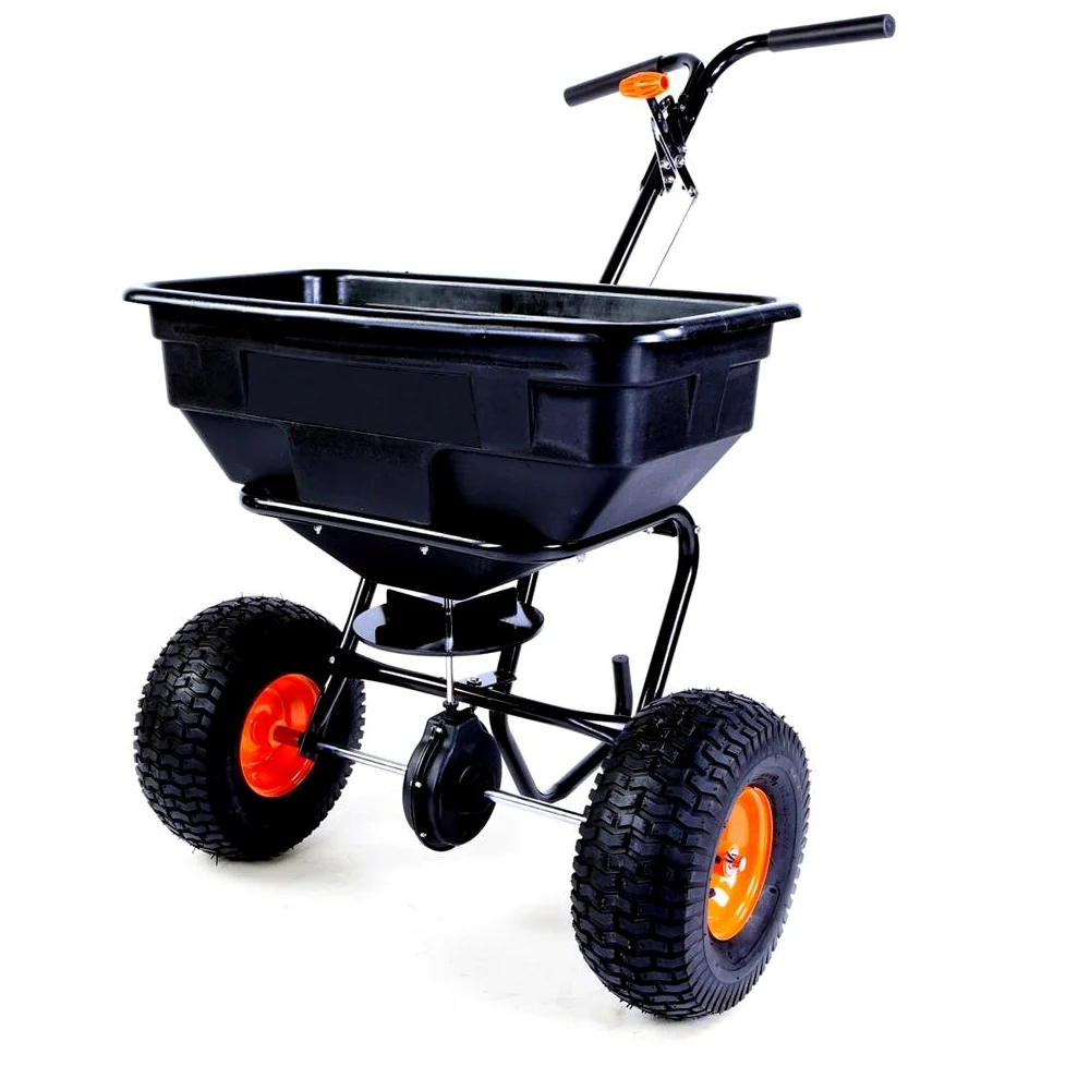 Esparcidora centrífuga sobre Ruedas FUXTEC FX-GS56-56 kg de Capacidad, sembradora centrífuga para Semillas, abono, Sal, Grava, dosificación Continua, diseñada para una Velocidad de Empuje de 5 km/h.