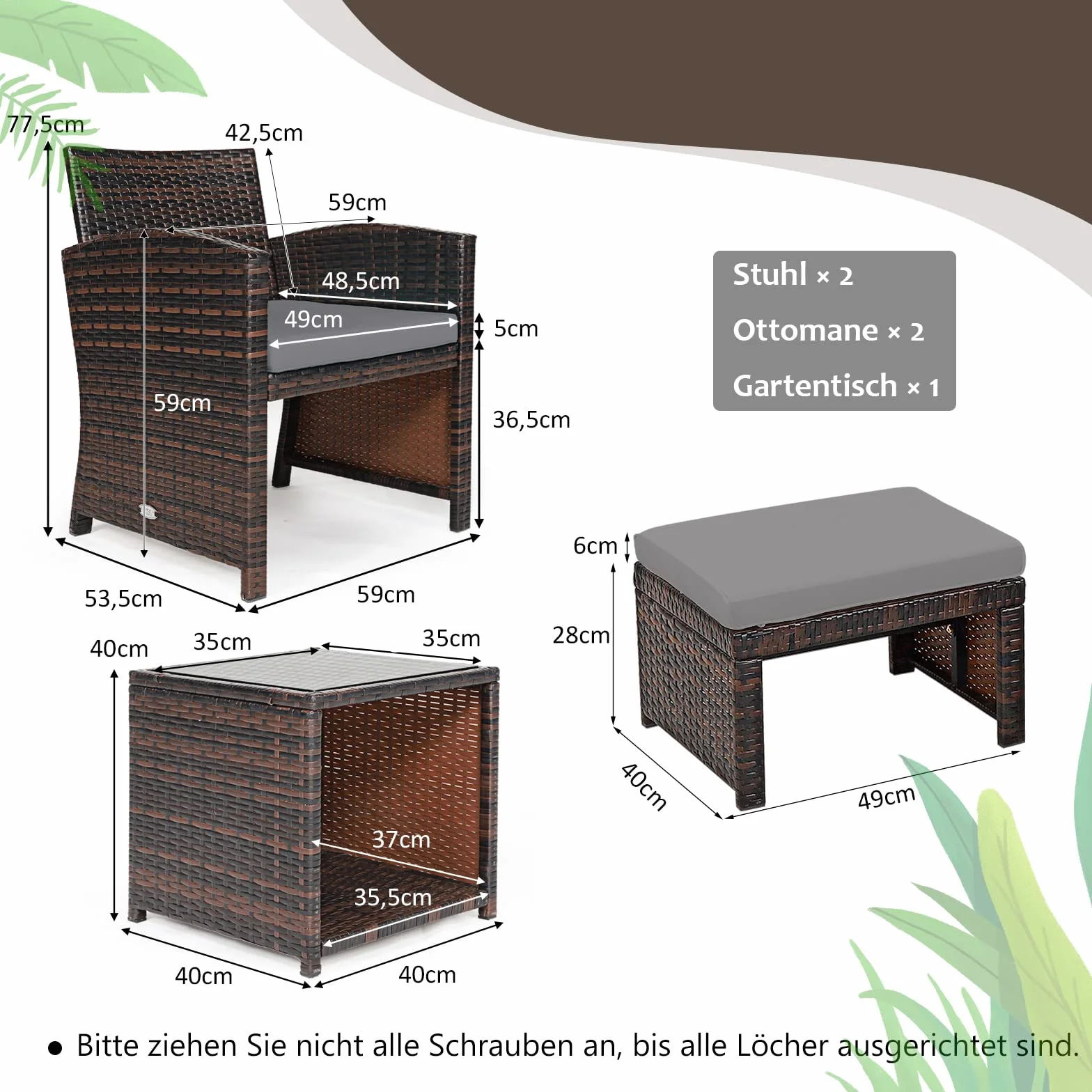 GOPLUS Mobiliario de jardín de 5 piezas, de ratán sintético, conjunto de muebles de jardín compuesto por 1 mesa, 2 sillas y 2 otomanas, cojines con funda extraíble y lavable, bar, terraza (gris)