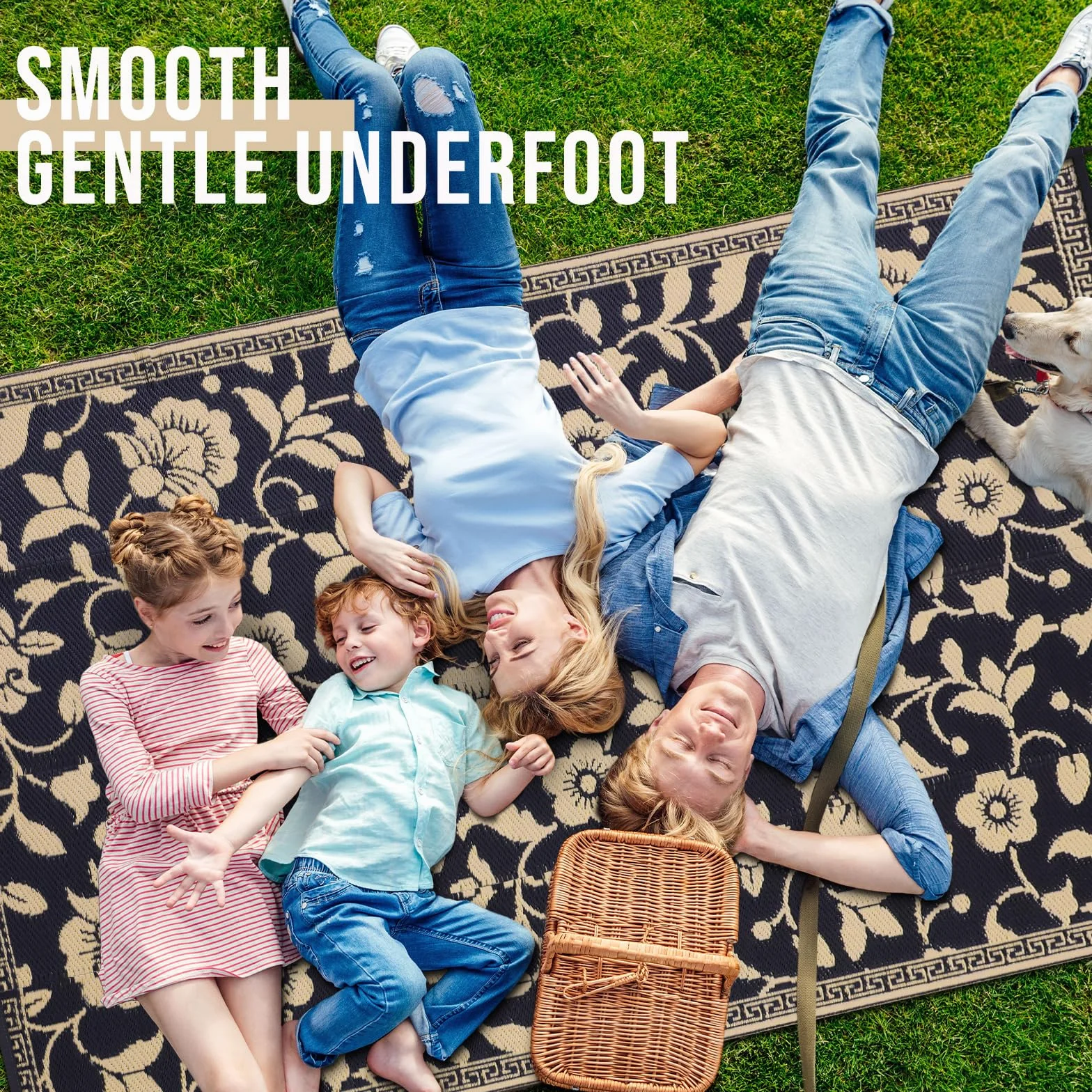 smiry Alfombra de jardín impermeable para exteriores, resistente a los rayos UV, alfombra reversible de paja de plástico para balcón, camping, picnic, patio trasero, 120 x 180 cm, negro y beige, flor