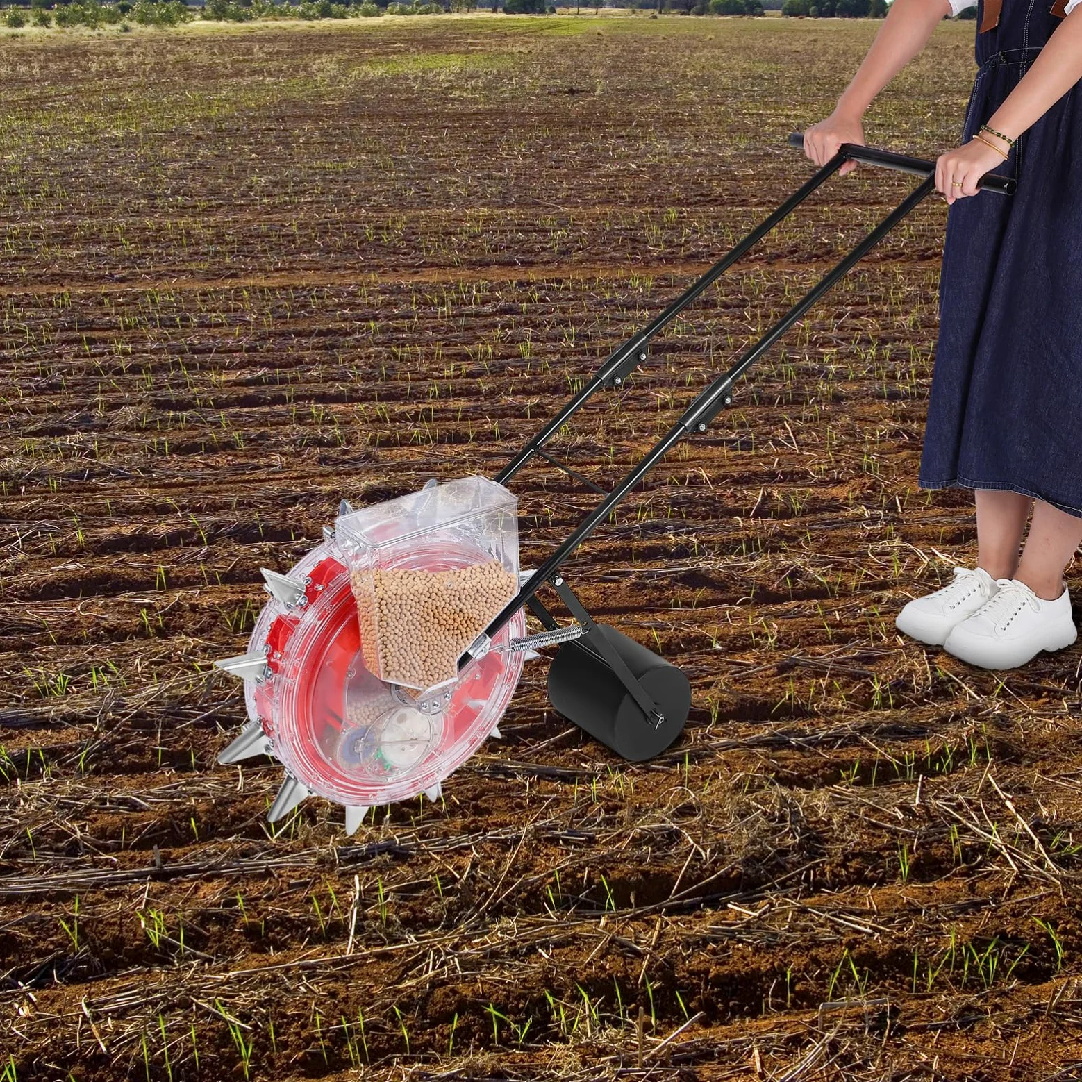 Hemobllo Sembradora Manual Rodillo de Plantación Rojo de Hierro y Plástico | Dosificador de Semillas y Fertilizante, Tecnología de Rodillo Cuantitativo, Uso Agrícola y Jardinería