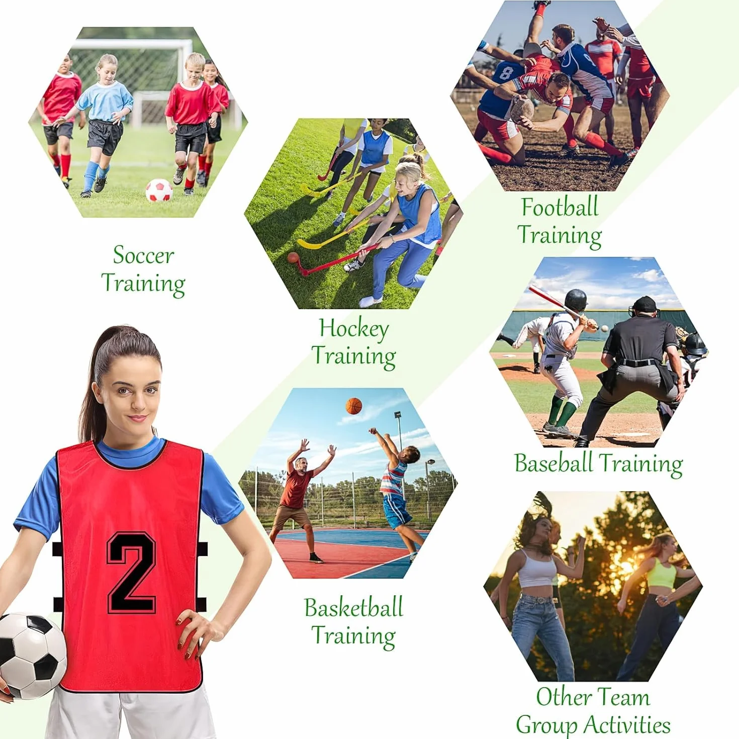 Chalecos de Entrenamiento Reversibles Numerados para Fútbol Baloncesto Verde Rojo Adulto