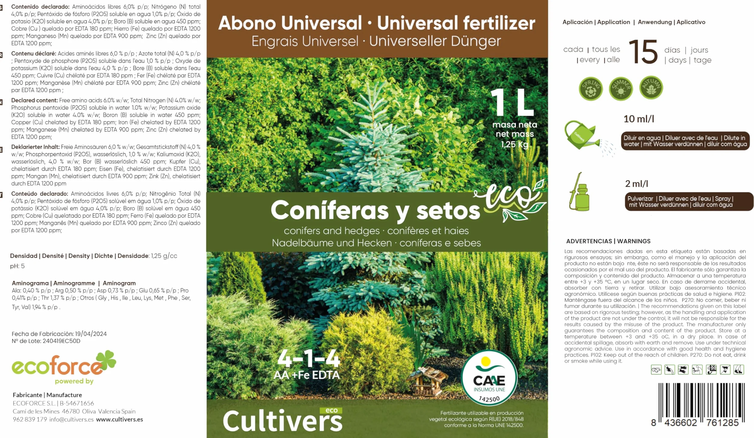 CULTIVERS Fertilizante Líquido para Coníferas y Setos Ecológico de 5 L. Abono 100% Orgánico y Natural. Evita Enfermedades, Arbustos vigorosos, Follaje mas verde