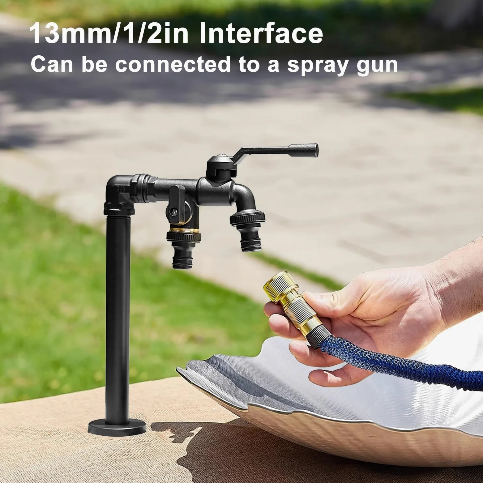 Columna de agua de jardín de cobre para exteriores con doble salida resistente a las heladas, grifo para clima frío, fuente de jardín negra (32 cm) y elegante