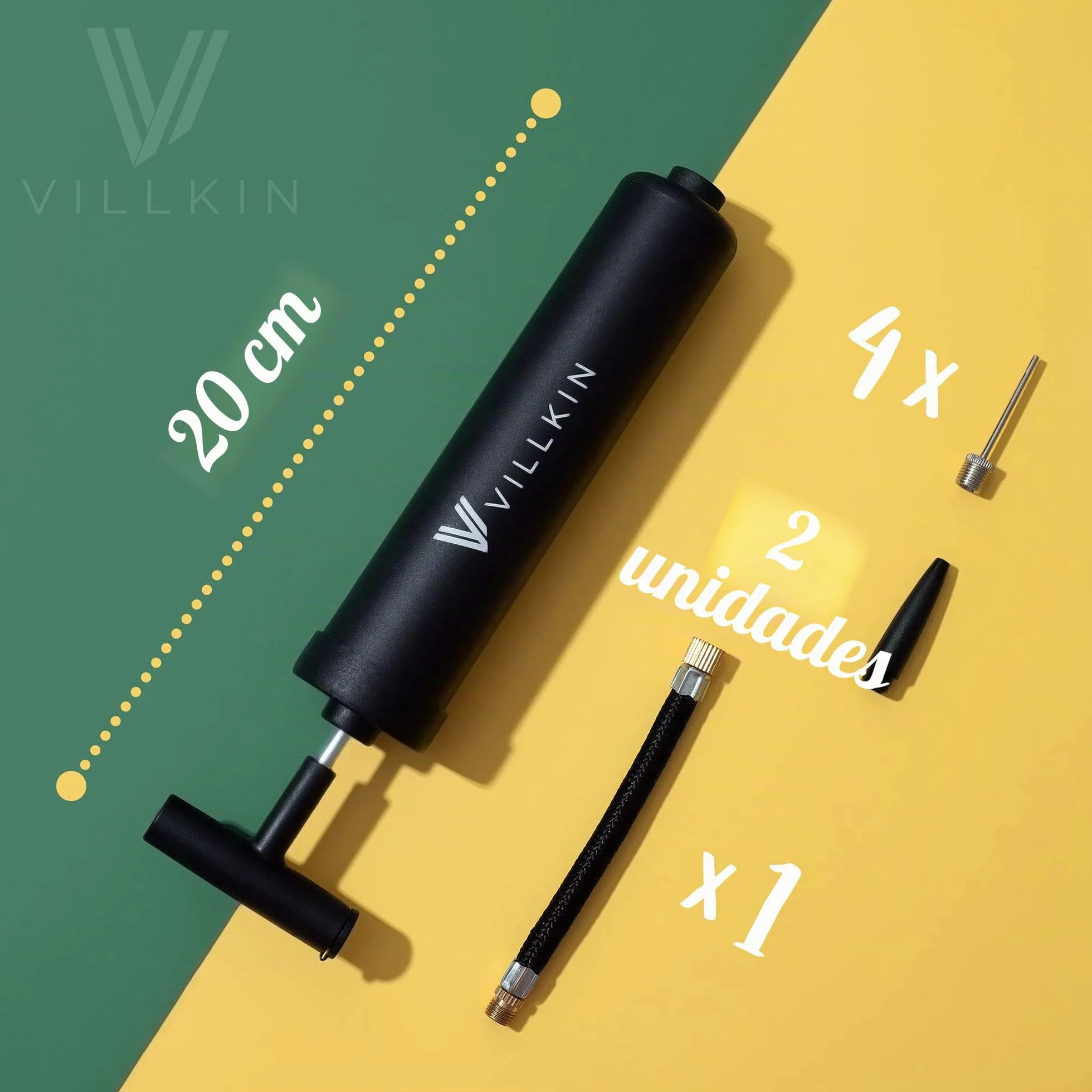 Villkin Inflador para Pelotas con 4 Agujas de Metal, 2 Boquillas de Plástico, Manguera Flexible - Negro