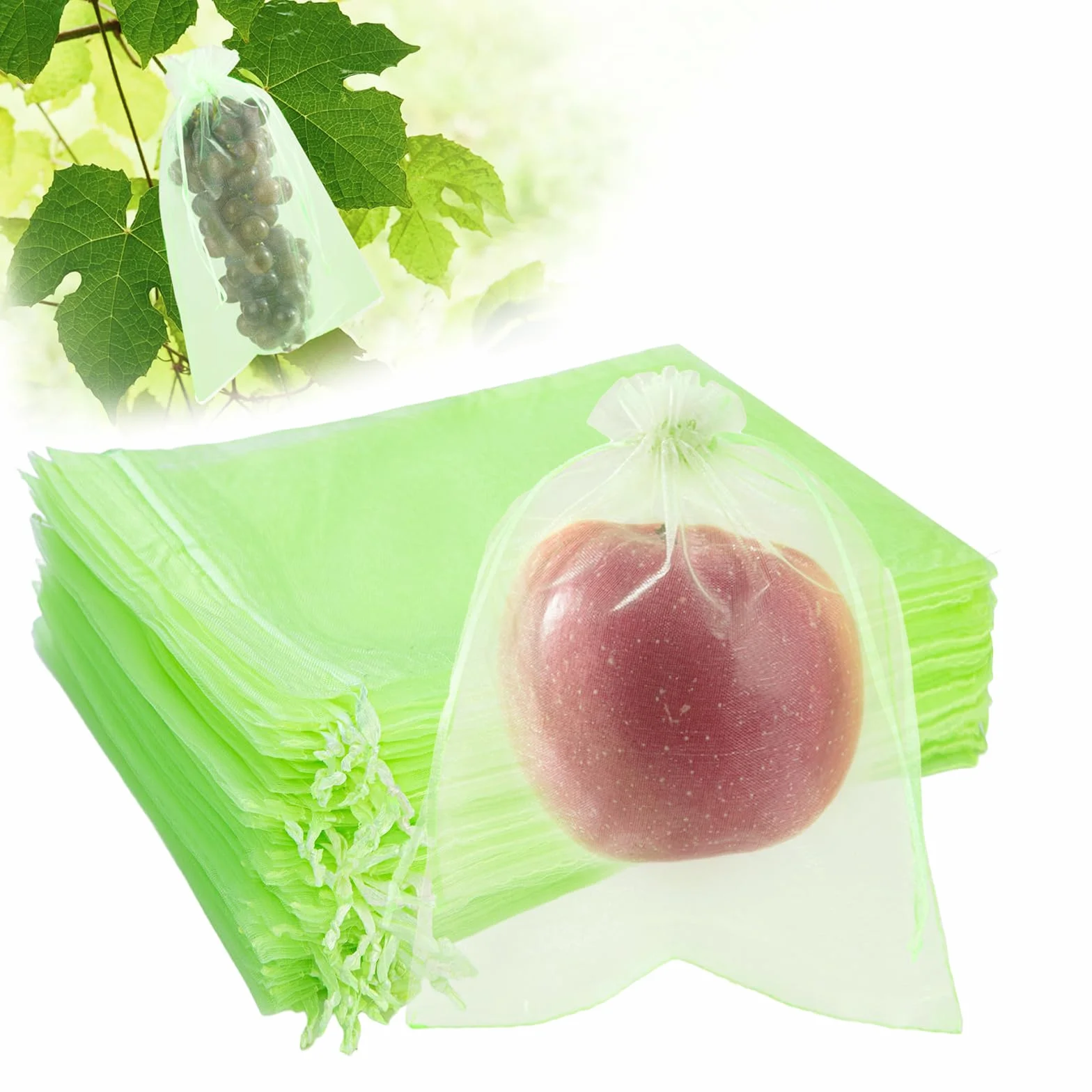 50 Bolsas Protectoras para Uvas con cordón de 15×20 cm, Bolsas de Fruta Reutilizables de Organza en Malla Verde, Red antipájaros para el huerto