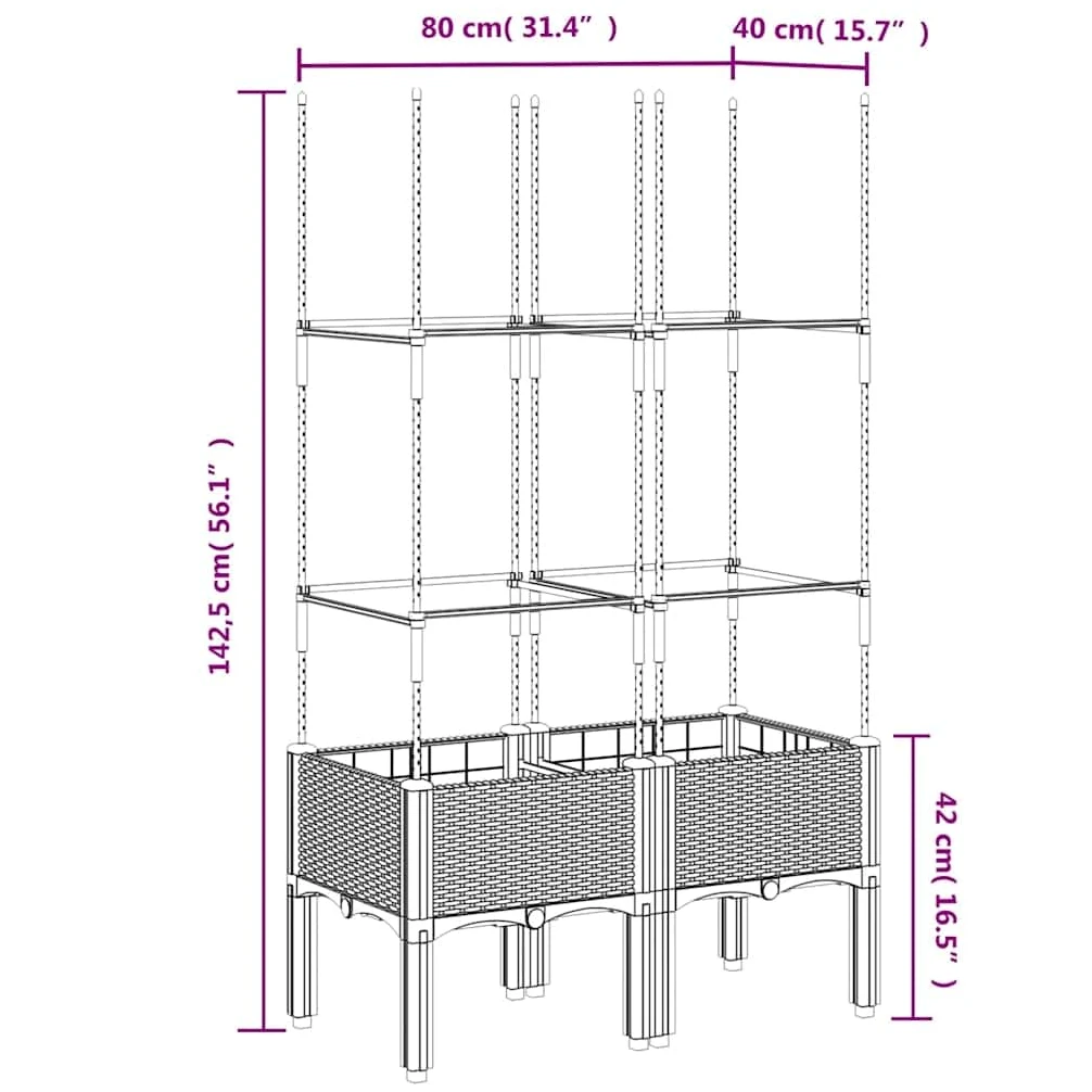 Macetero con enrejado, negro, 80 x 40 x 142,5 cm, polipropileno, para jardín, con almacenamiento de agua, para plantas trepadoras, terrazas, balcones, hierbas, cultivo, exterior, decoración