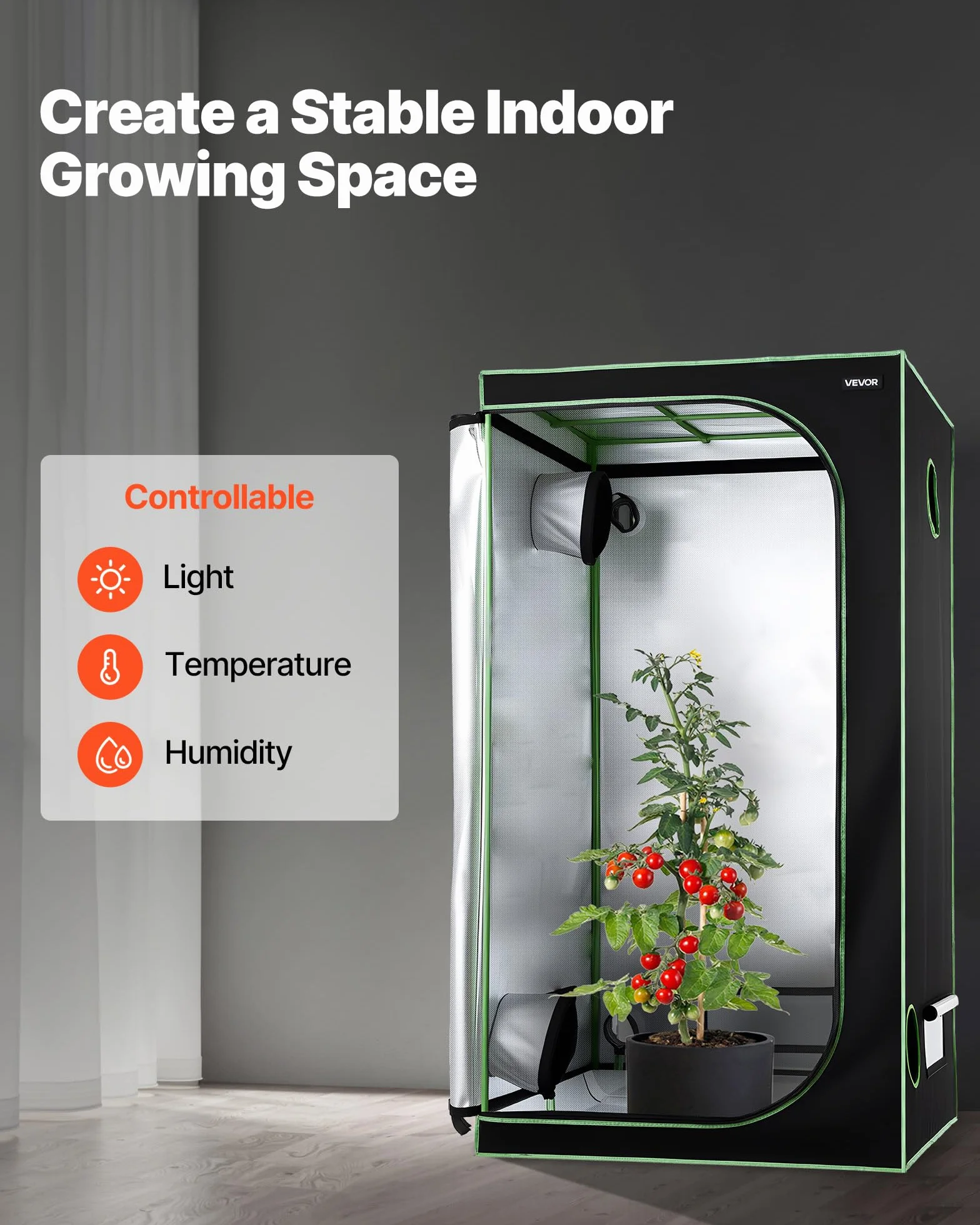 VEVOR Armario de Cultivo Interior 100x100x200 cm, Carpa de Cultivo con Ventana de Observación, Bandeja de Suelo y Cremallera, Mylar 600D de Alta Reflectancia, Tienda para Plantas, Flores, Verduras