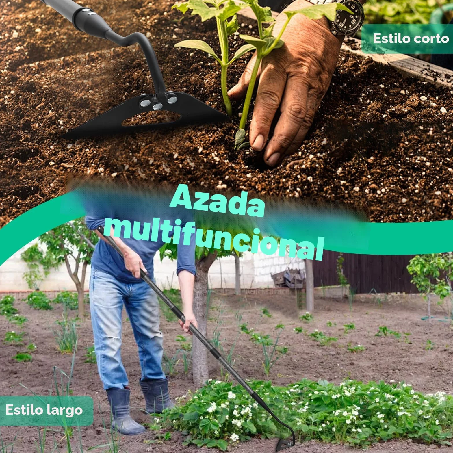 Azada de jardín, azada de jardín con mango de 140 cm, azada hueca endurecida para eliminar malezas, aflojar el suelo, cavar, plantar, hacer surcos, práctico dispositivo para eliminar malezas