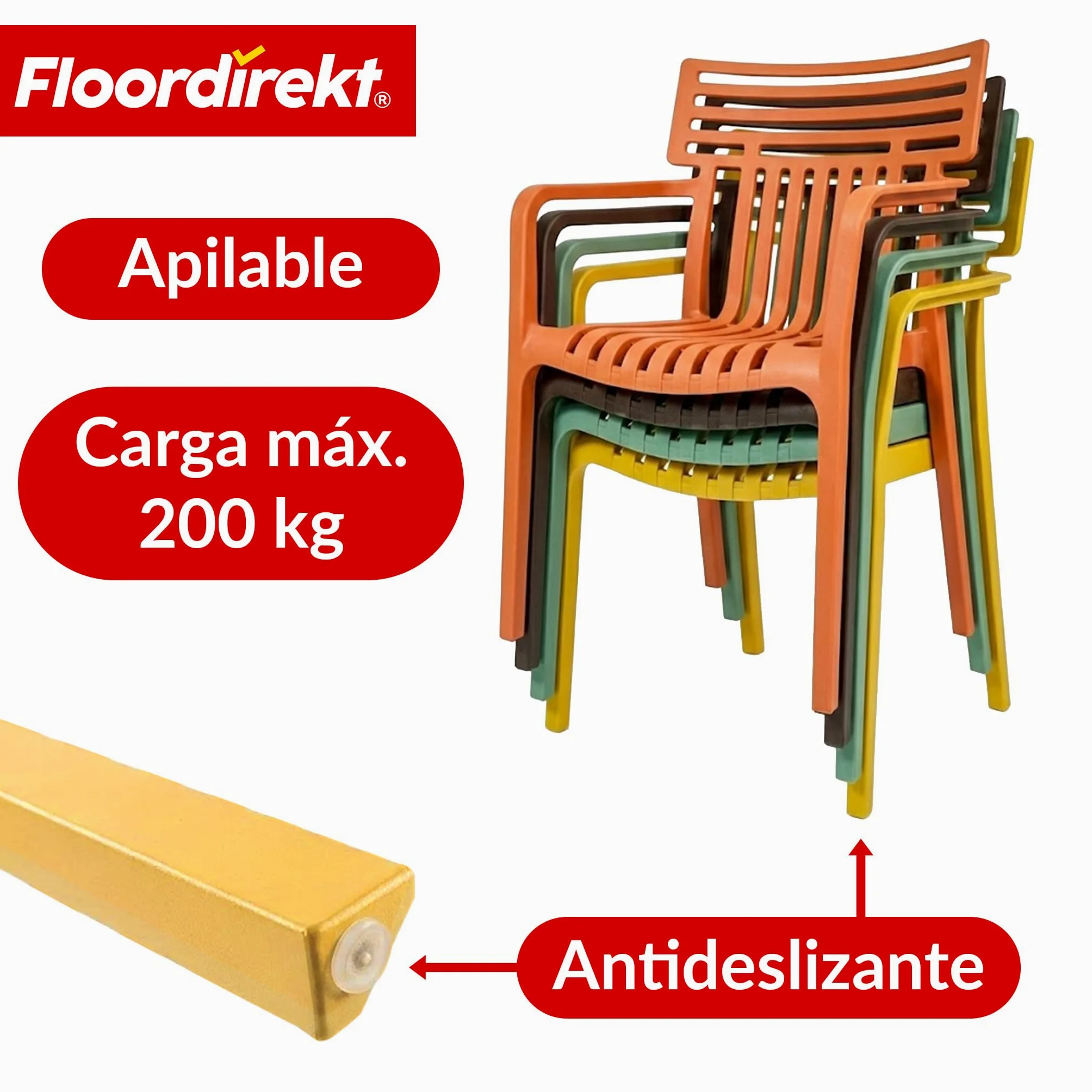Floordirekt Silla de jardín Sitwell con reposabrazos - silla de diseño apilable, naranja, resistente a la intemperie y a los rayos UV, soporta hasta 200 kg, para balcón, terraza y jardín