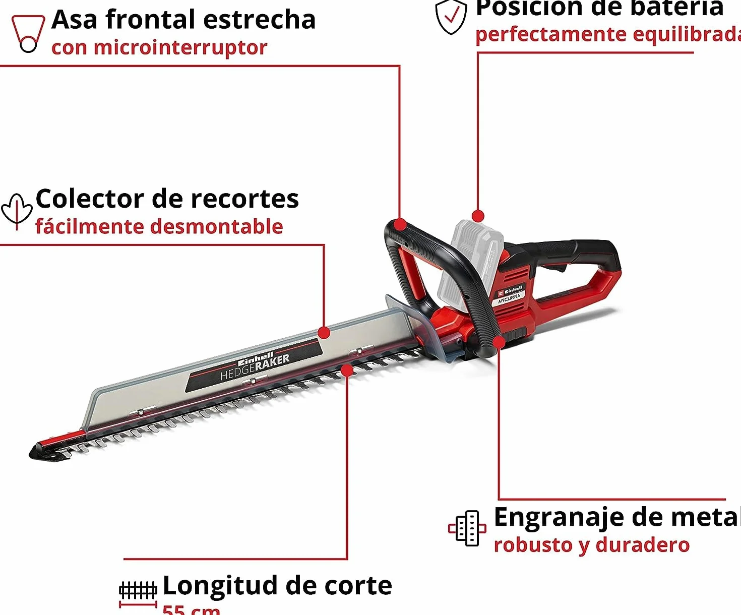 Einhell Cortasetos con batería ARCURRA 18/55 Power X-Change (18 V, 55 cm de Longitud de Corte, 18 mm Distancia Entre Dientes, colector de Recortes, asa Frontal Estrecha, sín batería)