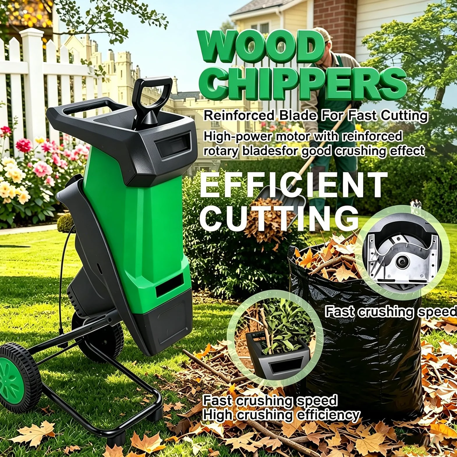 Biotrituradora eléctrica con Doble Cuchilla de Acero, 2400W, 4500rpm, Bolsa 50L, reducción 15:1. para Ramas, Hojas y residuos de jardín, protección sobrecarga