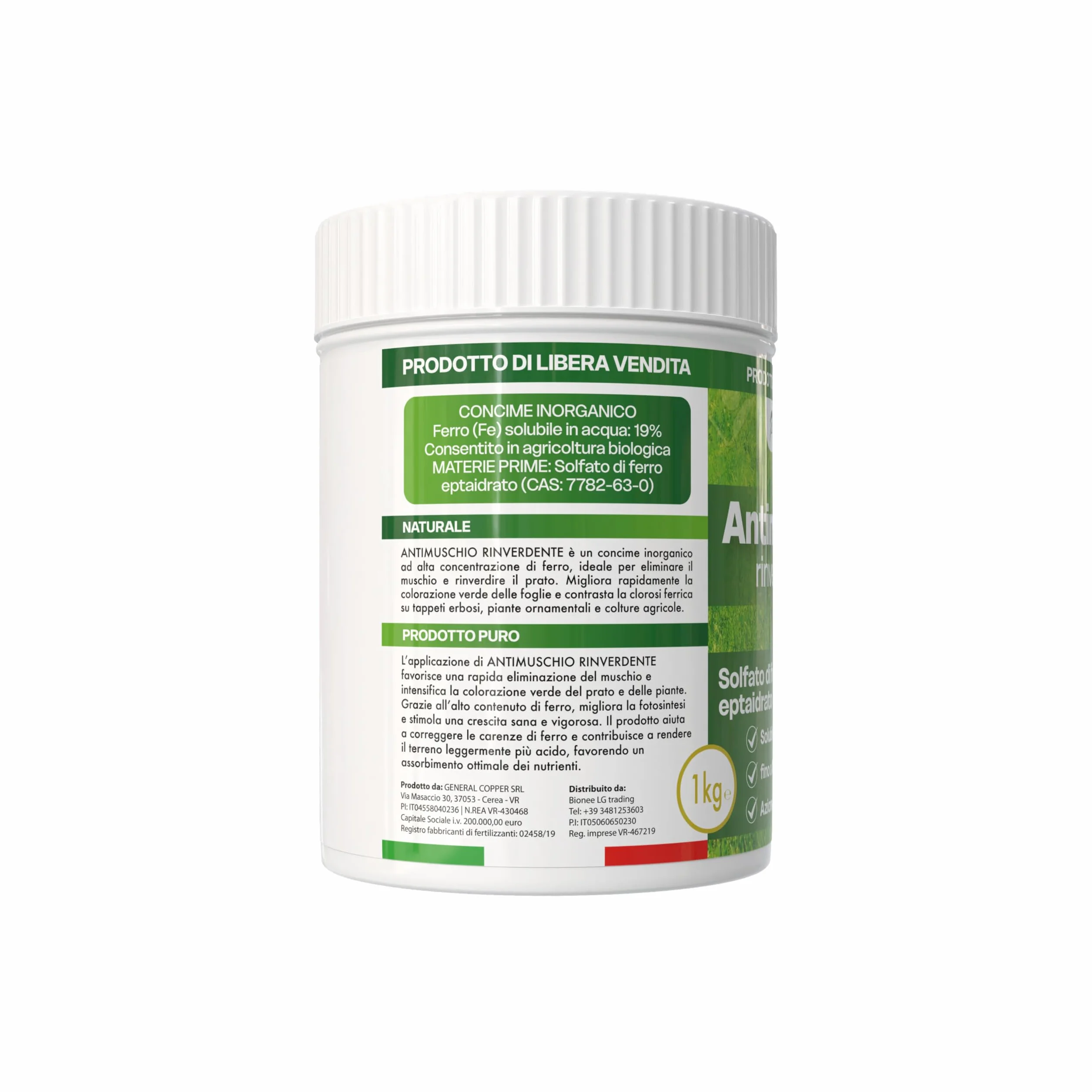 Antimusgo revitalizante 1 kg – Sulfato de hierro concentrado – Acción rápida contra musgo, clorosis férrica y reverdecimiento del césped – Permitido en agricultura biológica