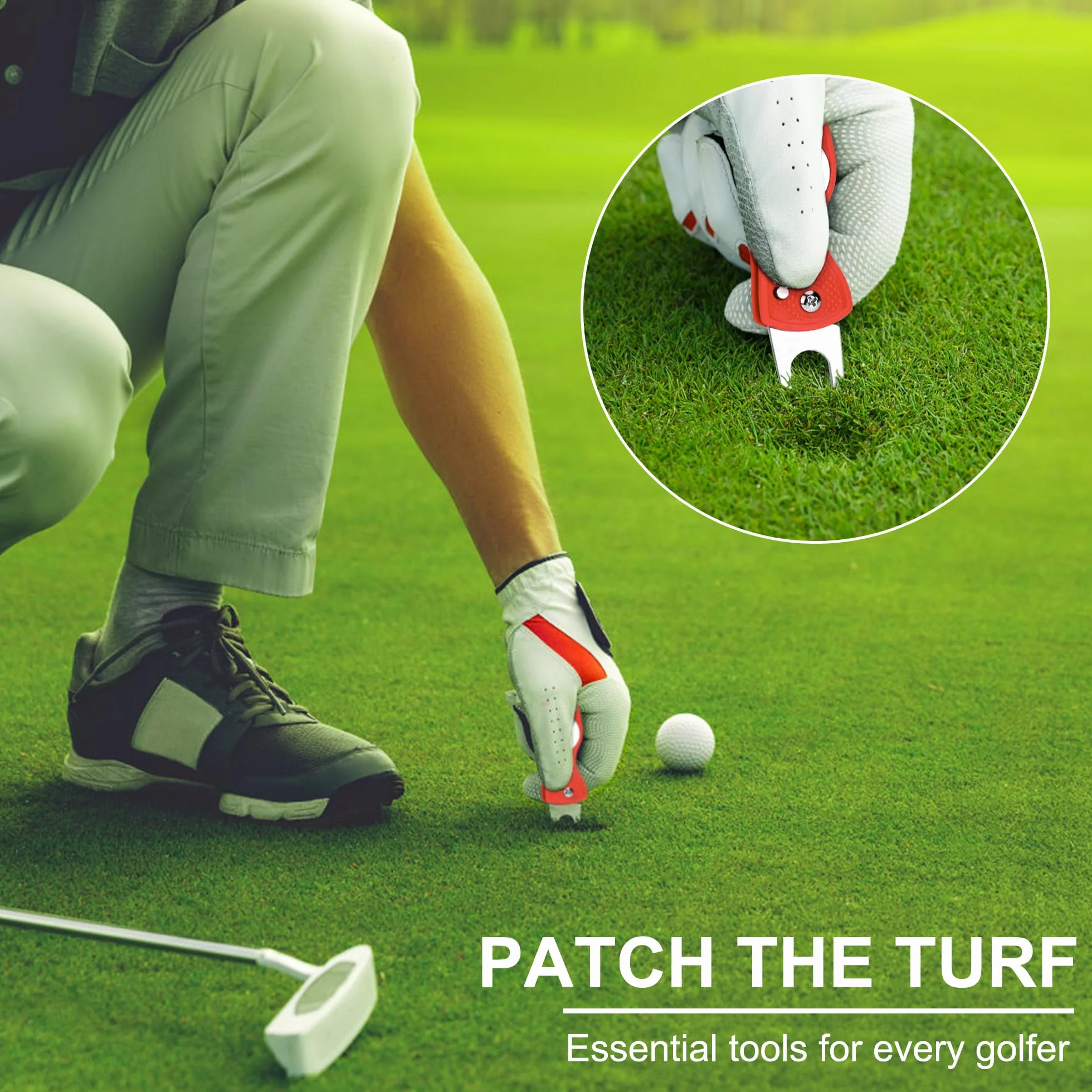Arreglapiques de Golf Divot 3Pcs Herramientas de Restauración de Golf Pitch Fork Acero Inoxidable con Marcador Bola Magnética Plegable