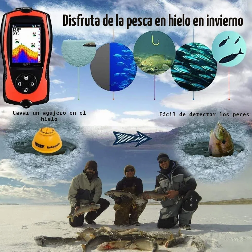 LUCKY Buscador de Peces Portátil con Sensor Sonda Transductor Pantalla LCD Ecosonda para Pesca en Hielo y Mar