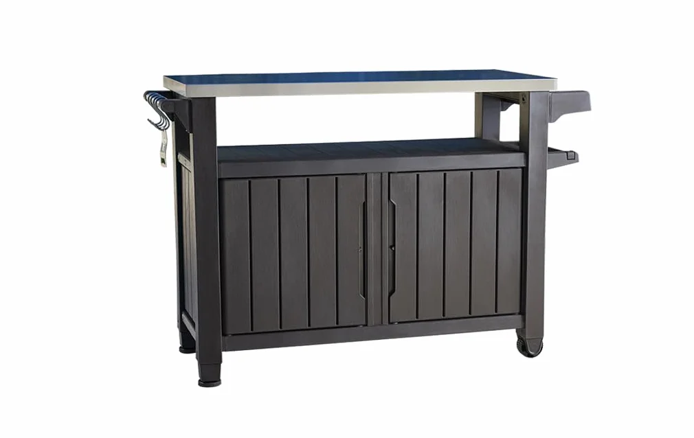 Keter Mueble Barbacoa Grande para terraza o jardín Exterior con Ruedas, Capacidad 207 litros, Color Marrón