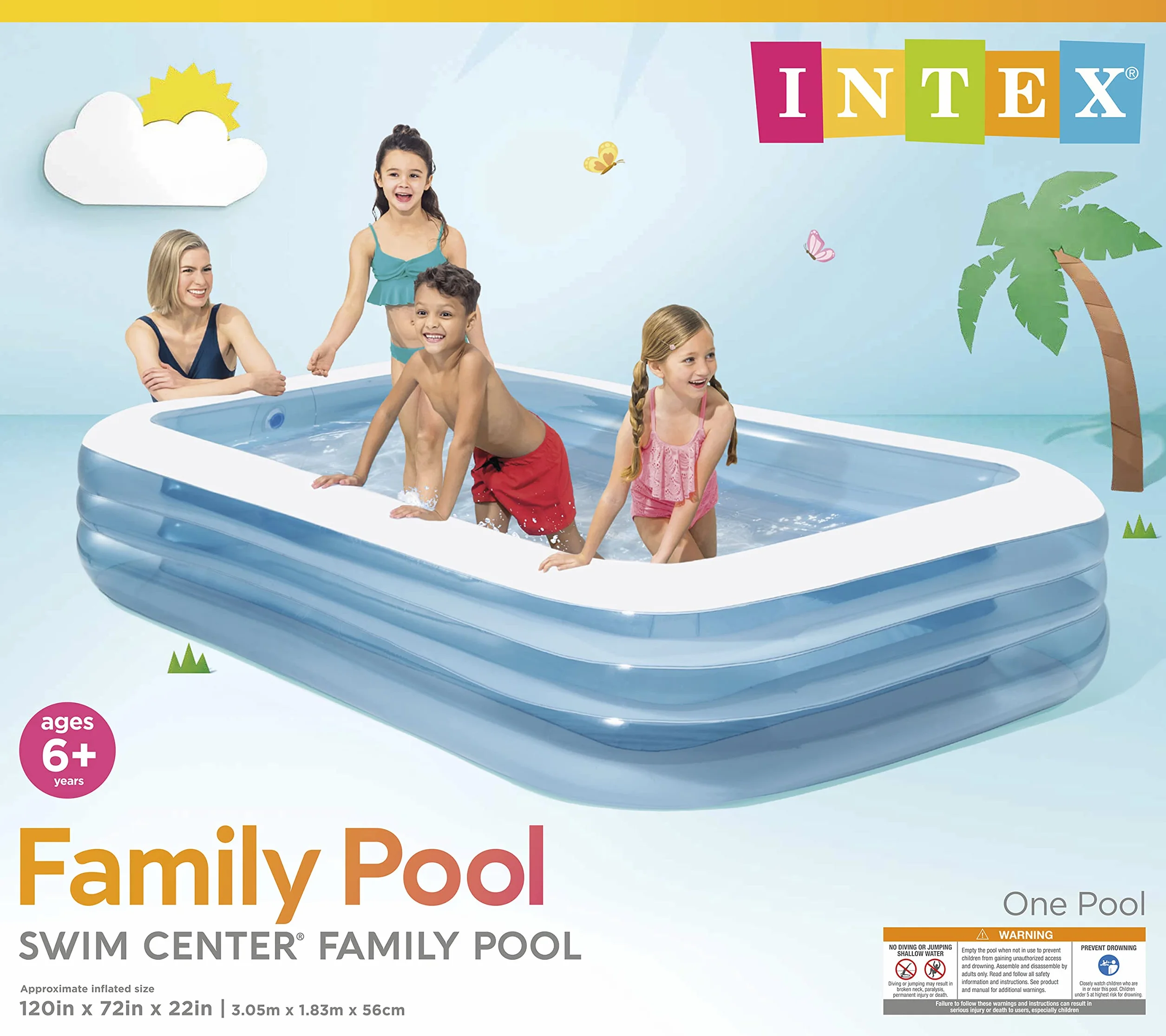 Intex Piscina Hinchable Infantil Rectangular, 305x183x56 cm, 1.020 litros, 3 Cámaras de Aire, Estable, Tapón de desagüe, Vinilo, Larga duración, Parche de reparación, para niños Desde 6 años (58484)