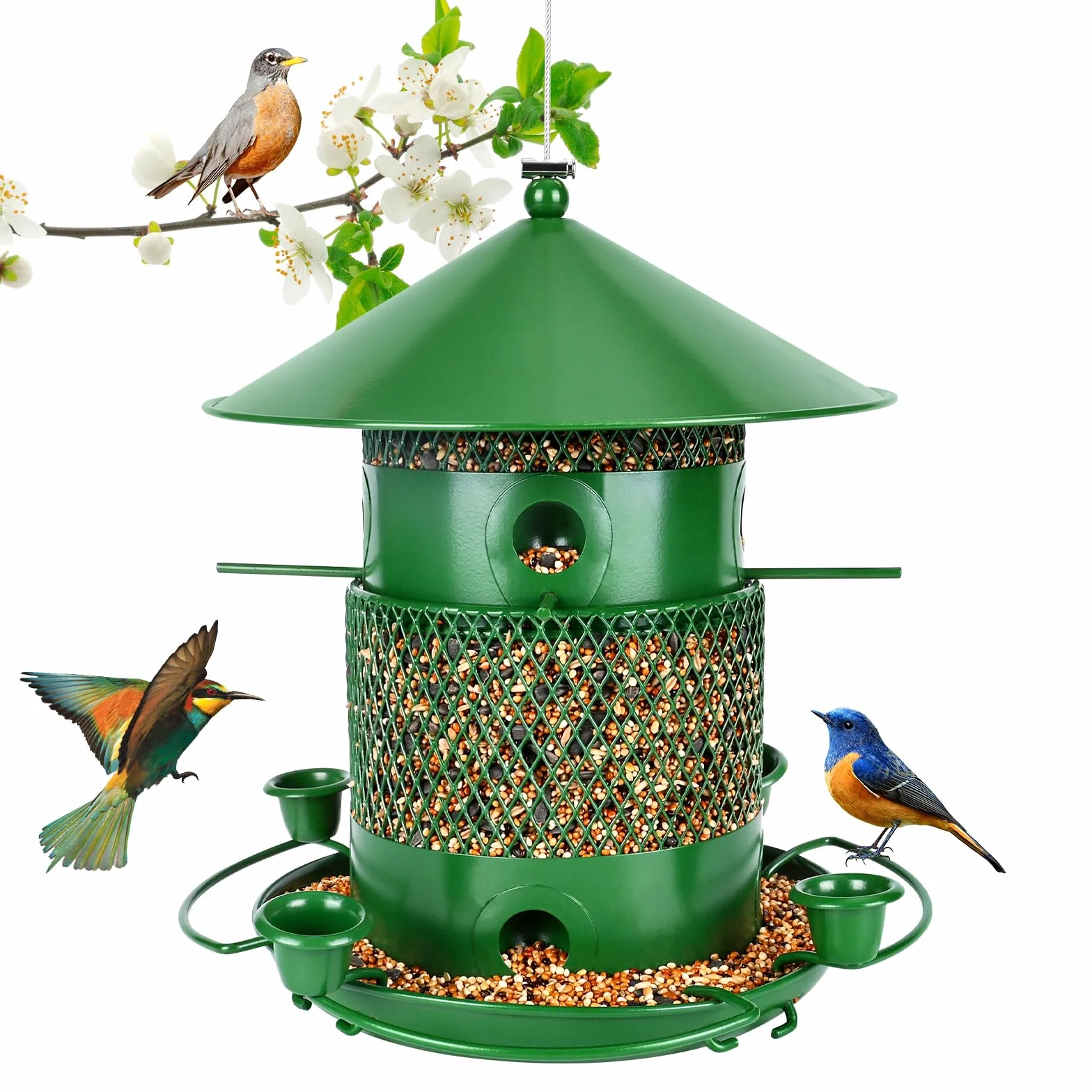 Comedero Pájaros Exterior Colgante 2.5L Resistente al Clima, Comedero Pajaros Metal con 360° Área de Alimentación, Alimentador de Acero Inoxidable para Aves Silvestres, Gorriones, Jardín
