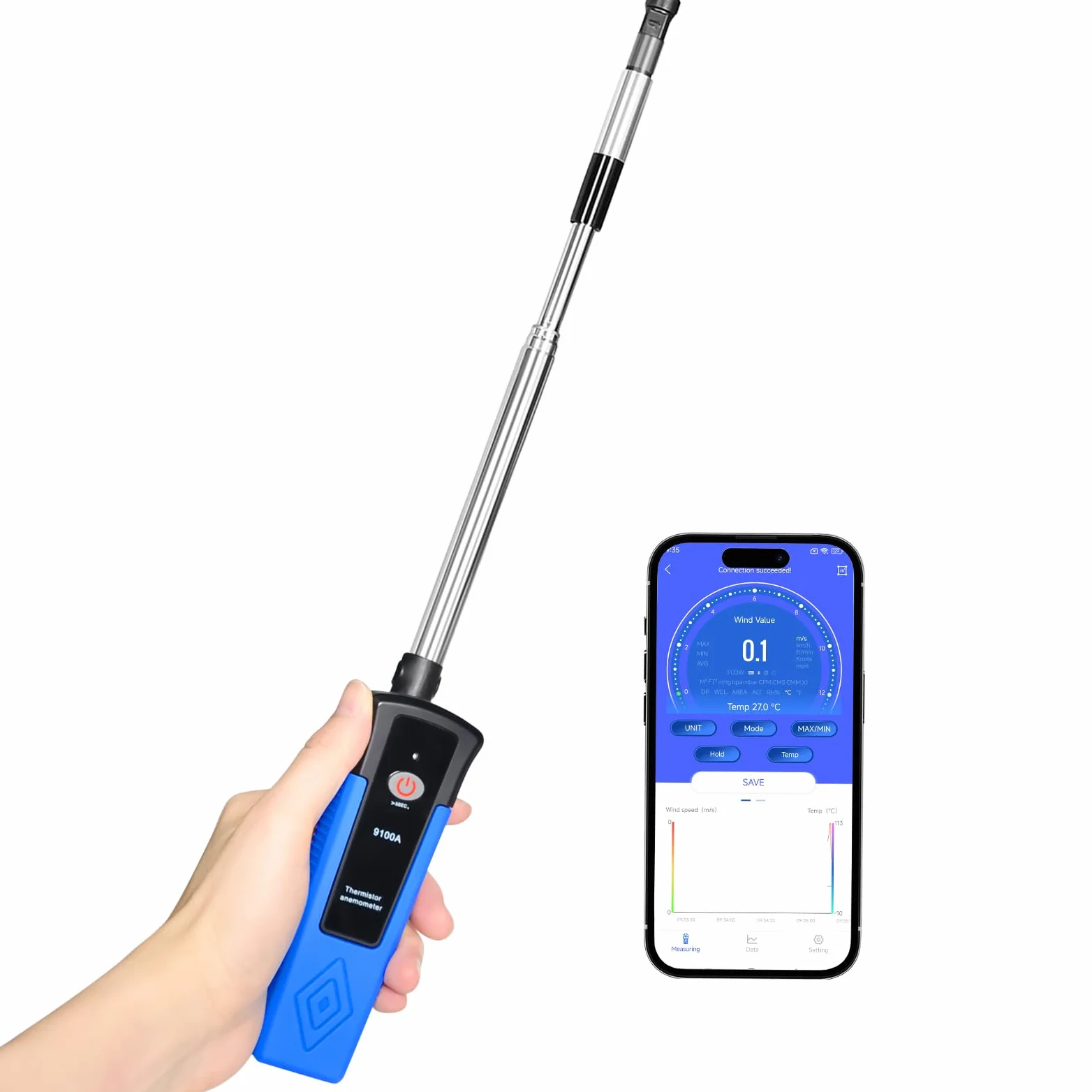 Anemómetro Bluetooth, anemómetro térmico con aplicación, medidor de viento para sistemas de climatización (HVAC) de 0 a 40 m/s, temperatura y caudal, 0-999 900 ft³/min