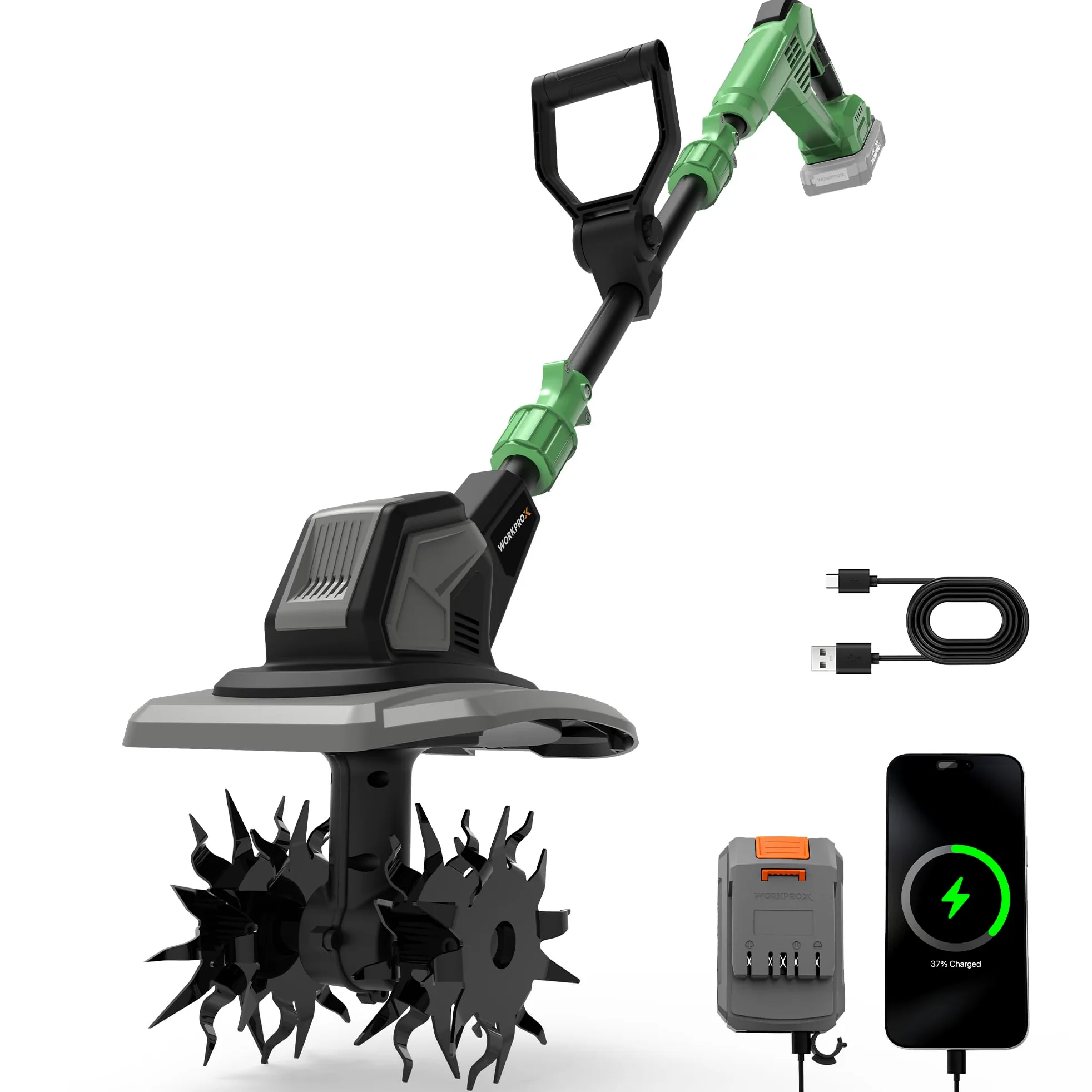 WORKPROX Motoazada Eléctrica a Batería 20V con 4,0Ah, Cultivador de Jardín Inalámbrico, Ancho de Trabajo 20 cm, Profundidad 20 cm, Ruedas Ajustables, Mango Plegable