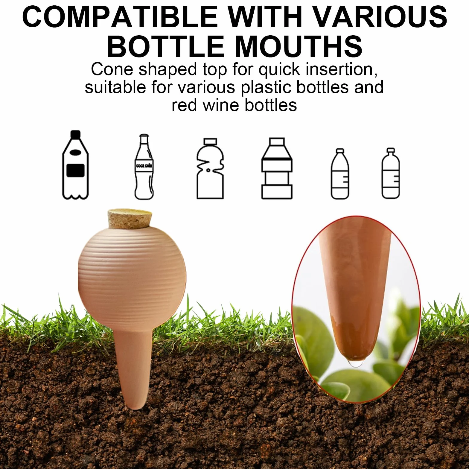 GBKDQQ 4 unidades de riego de conos de arcilla, riego automático de terracota, dispensador de agua de 430 ml con tapón de corcho para plantas de interior, jardineras de balcón