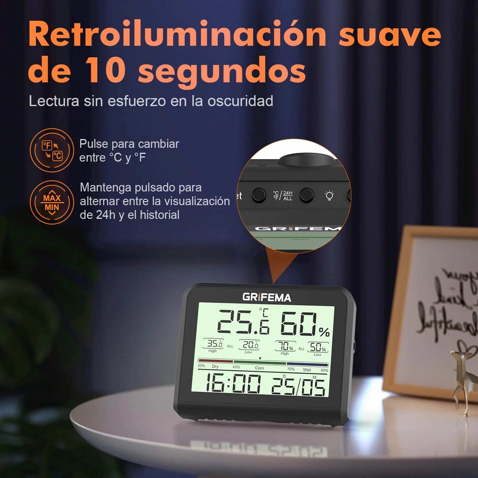 GRIFEMA GA2901B, Termómetro Digital Interior del Higrómetro, Digital Medidor de Humedad con Retroiluminación, Registro Máx/Mín, Reloj/Fecha, Ideal para Hogar/Invernadero, Negro
