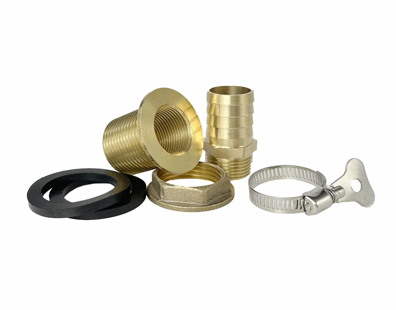 Kit de conector de latón macizo para agua – Rosca hembra de 3/4 pulgadas, rosca macho de 1 pulgada, lengüeta de manguera de 25 mm con sellos y abrazadera – Adaptador de tanque de barril de lluvia a