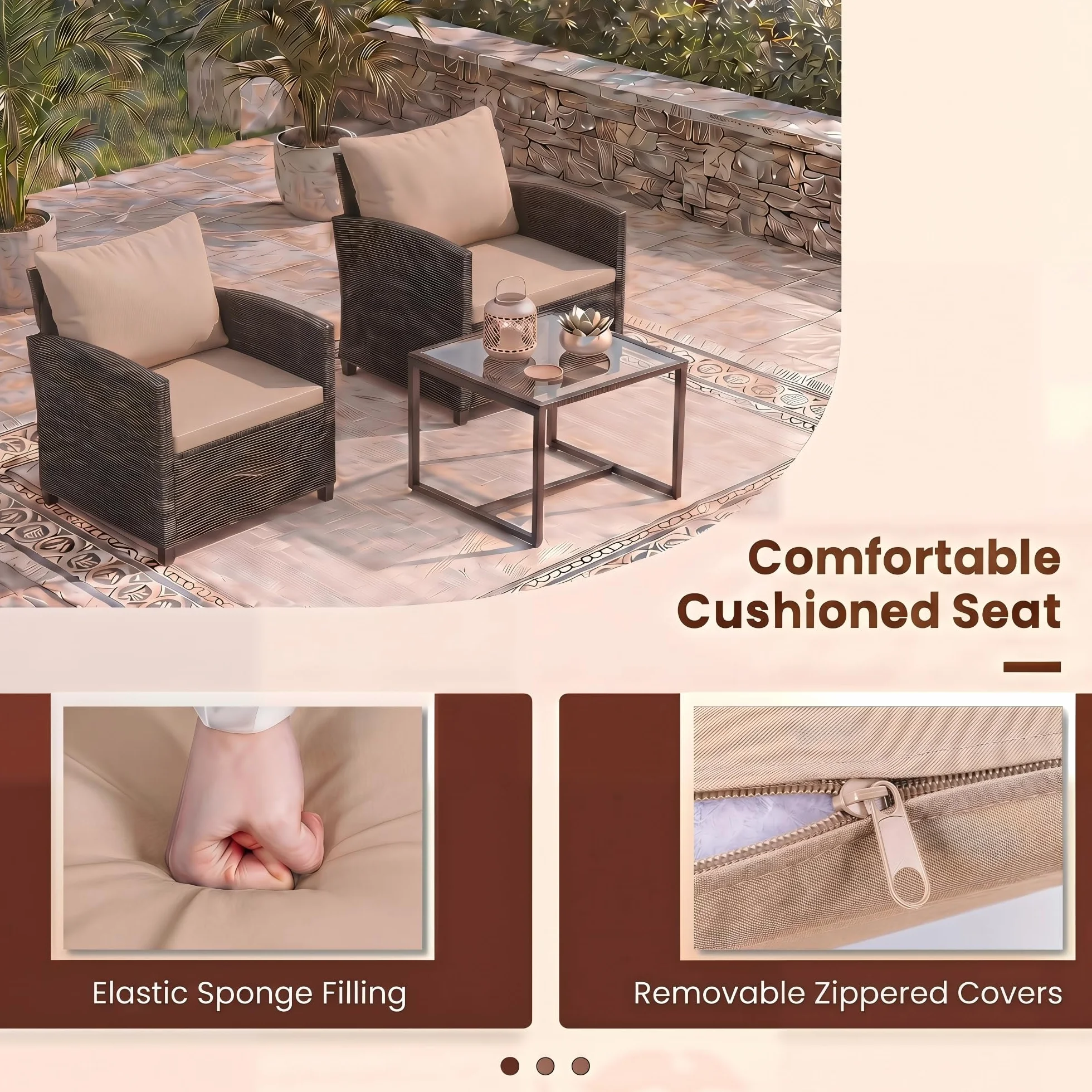GIANTEX Juego de Muebles Jardín Exterior 3 Piezas, 2 Sillones con Cojines y 1 Mesa de Café de Vidrio, para 2 Personas, Conjunto de Conversación para Balcón, Terraza, Patio (Marrón+Café)
