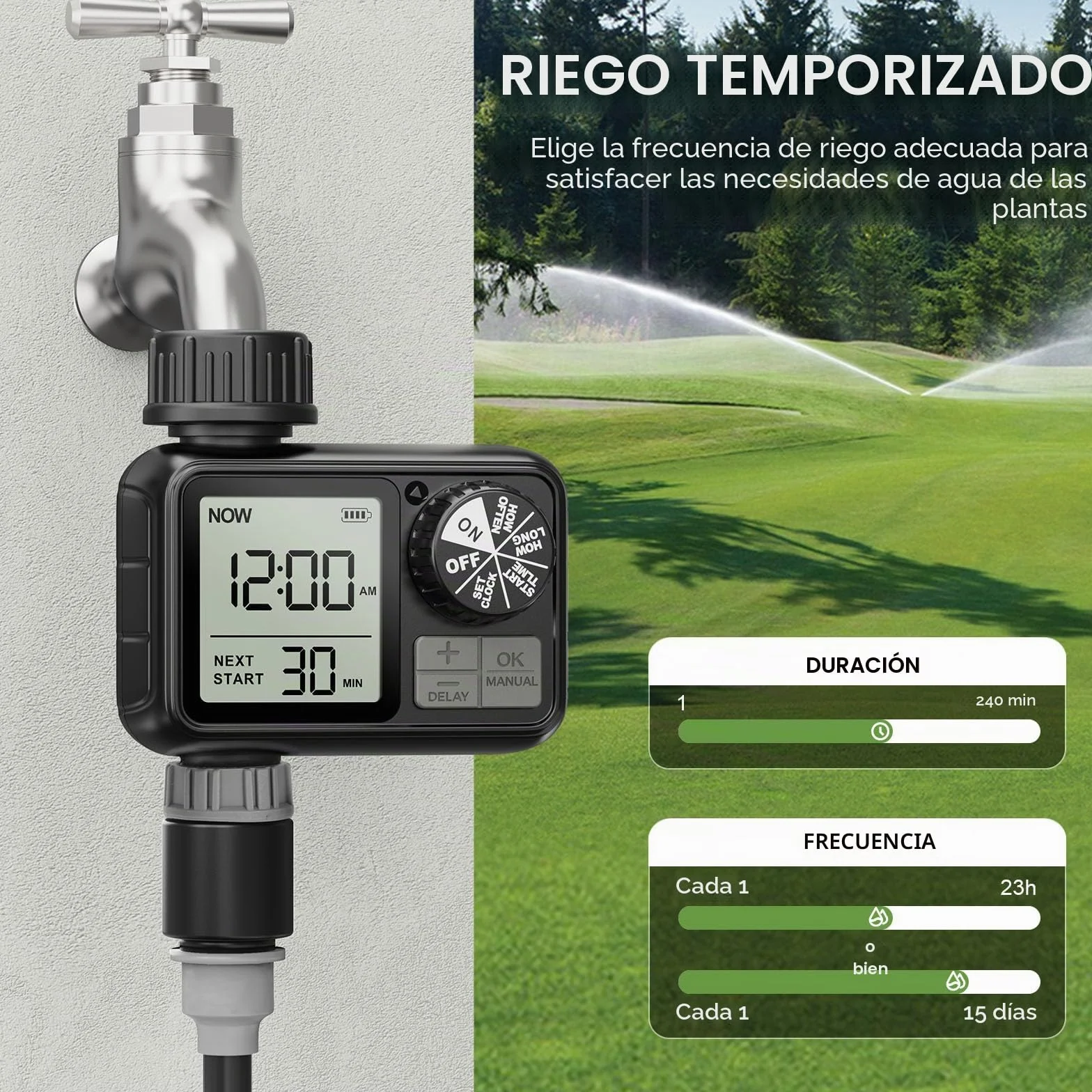 Ordenador de riego, Reloj de riego con retardo de Lluvia/Modo automático y Manual, IPX5 Resistente al Agua/Pantalla Grande Pantalla LCD Temporizador de Agua para jardín césped (1 Salidas)